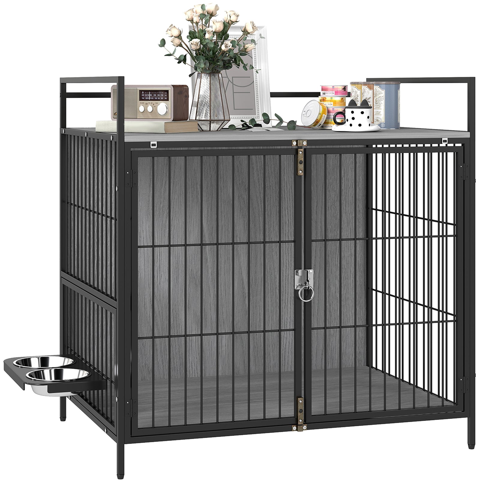 Pawhut Dog Crate Furniture With Rotating Bowl Holder For Medium Dogs, Grey