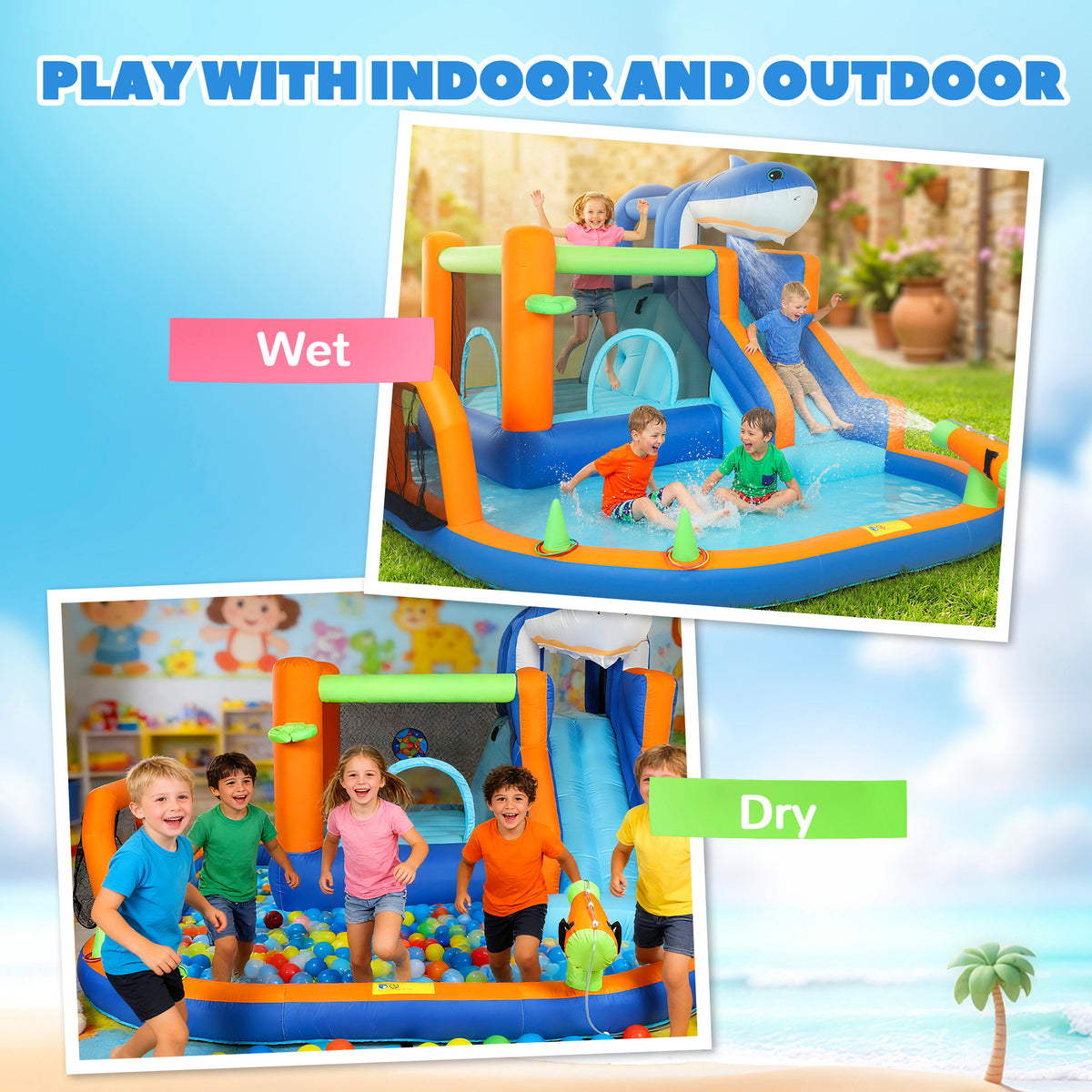 AIYAPLAY Inflatable Bouncy Castle For Kids Sharks Theme With Slide, Ball Pit