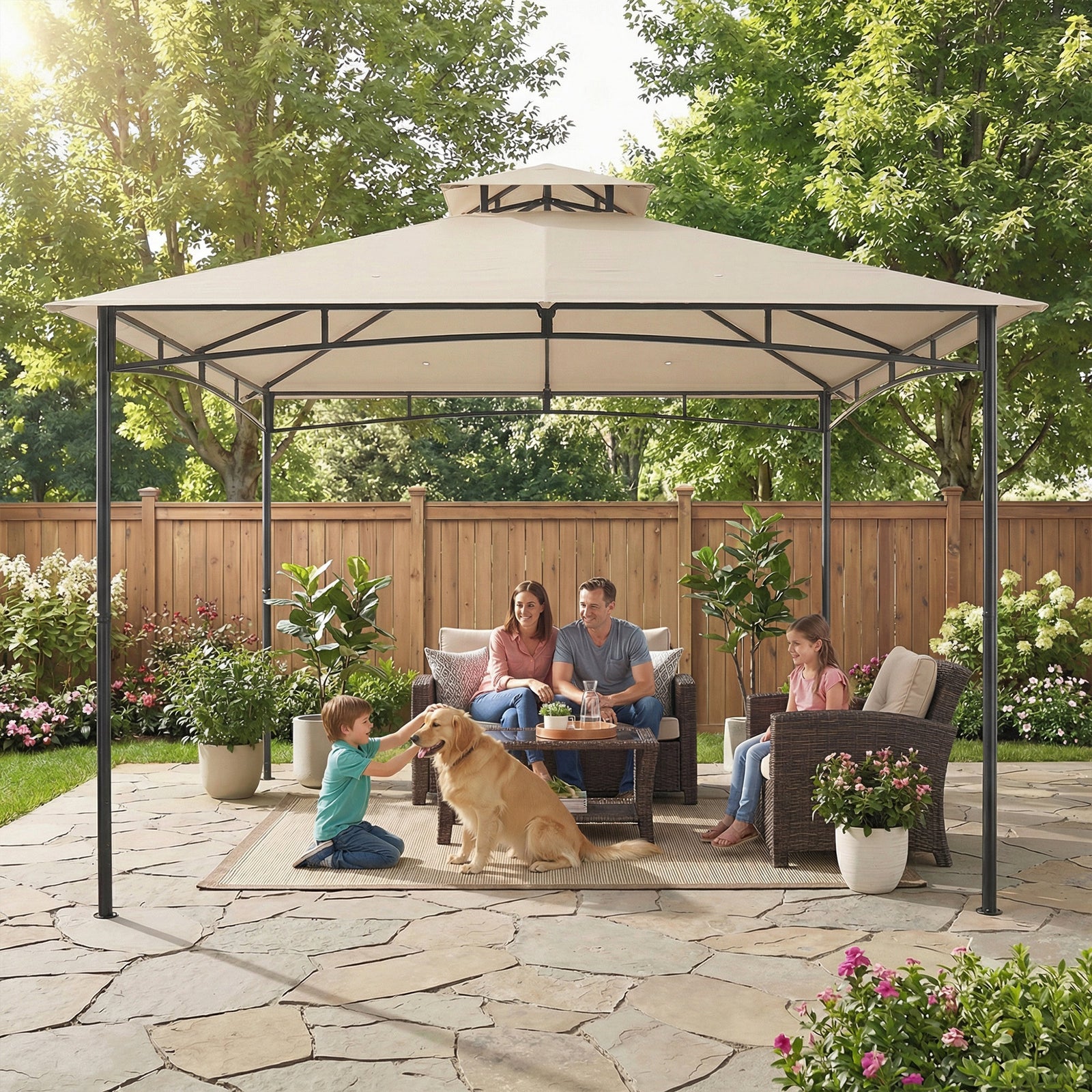  3 X 3 M Gazebo, Outdoor Gazebo Canopy With 2-tier Roof | Khaki
