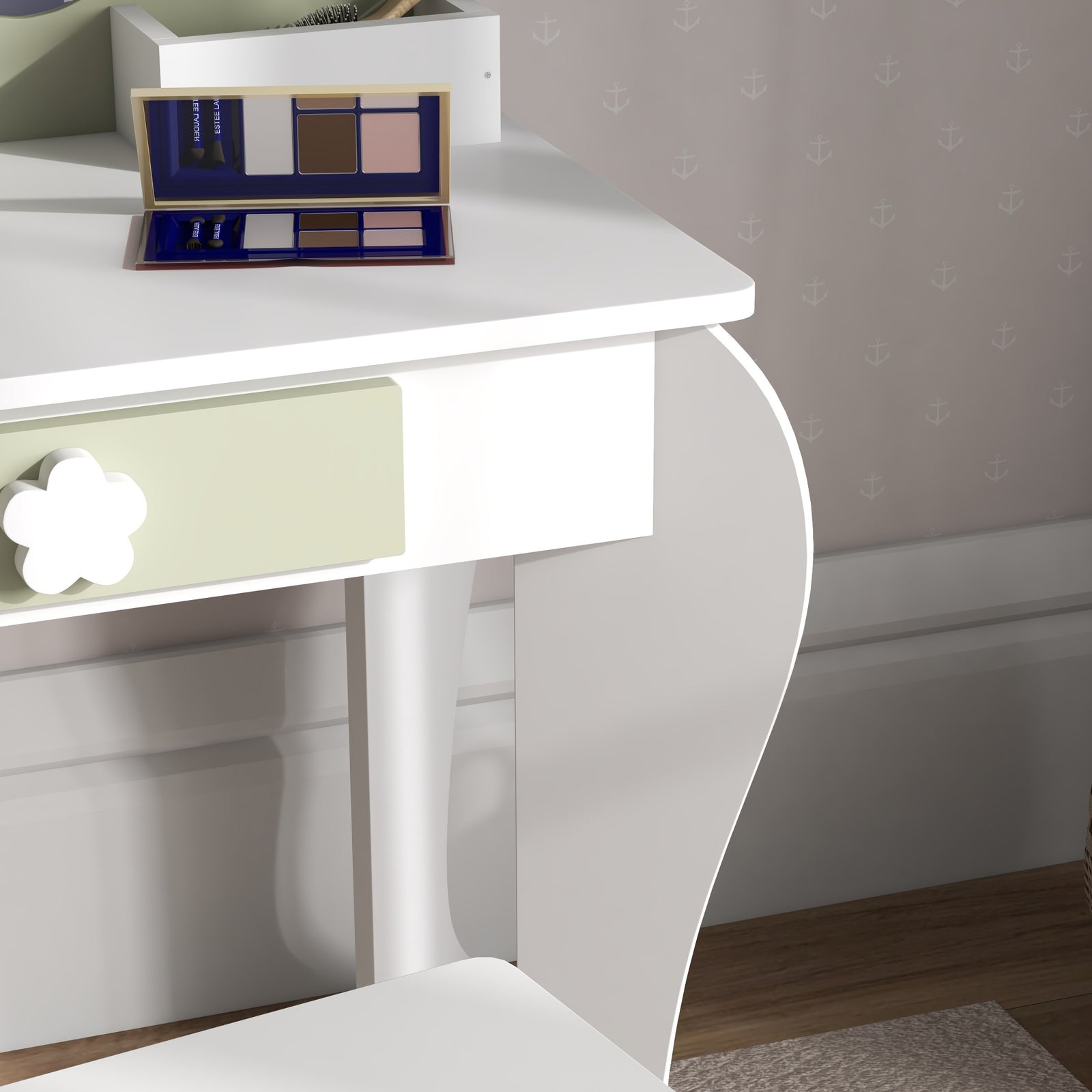 Kids Dressing Table With Mirror And Stool, Drawer, Storage Boxes - White | White