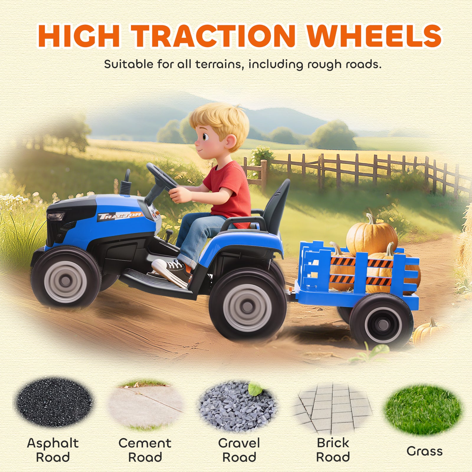Ride On Tractor And Trailer, 12v Electric Ride On Tractor | Blue