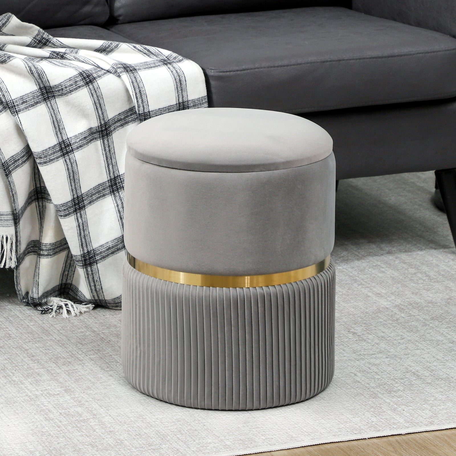 Round Pouffe Storage Footstool With Hidden Space | Light Grey