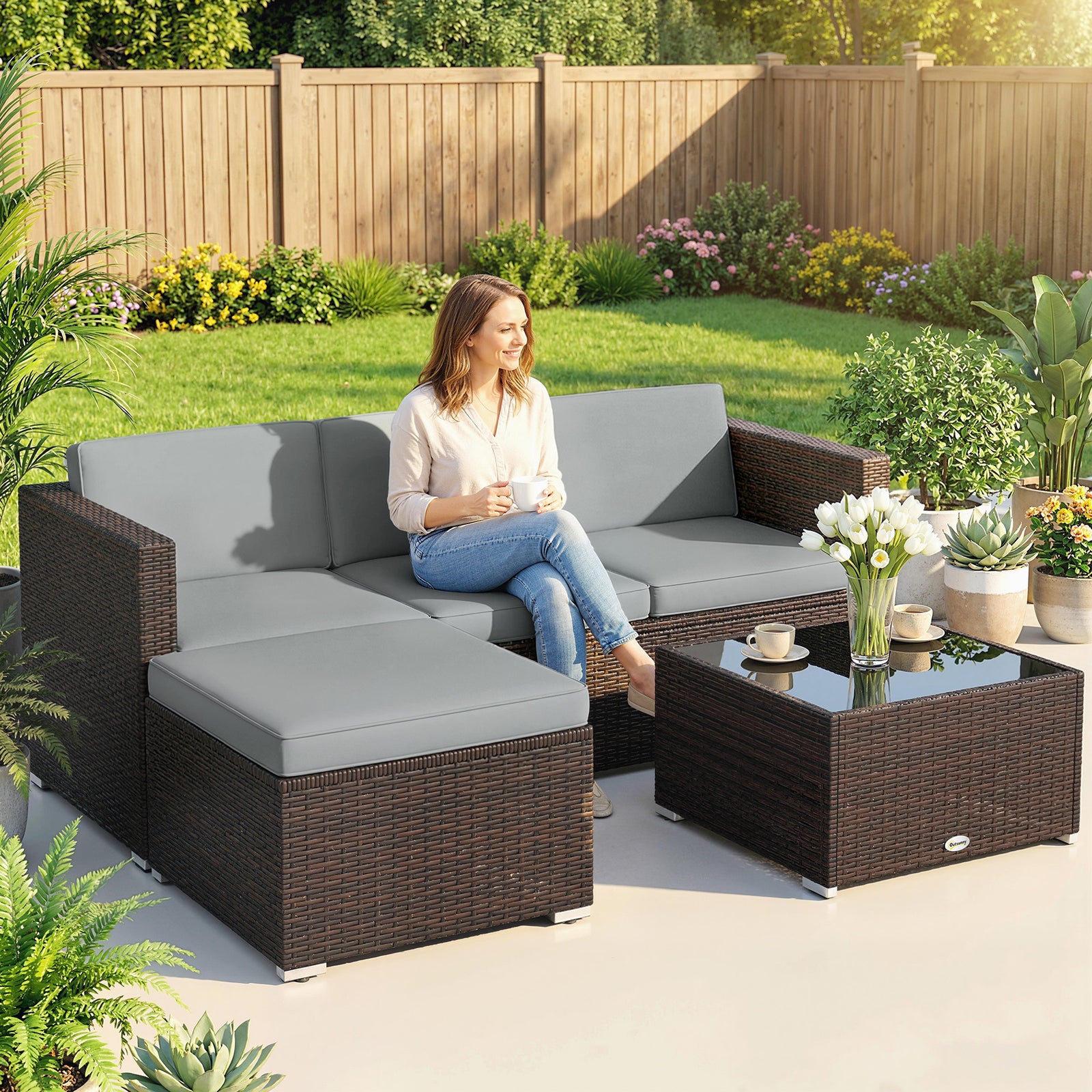 Garden Furniture Set W/ Padded Cushions Corner Sofa Set | Brown