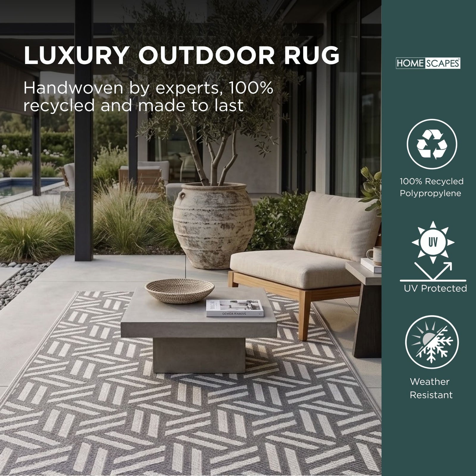 Luxury Outdoor Rug Waterproof Reversible For Garden Patio 100% Recycled, Grey Luna Geometric | 180cm x 270cm | Grey