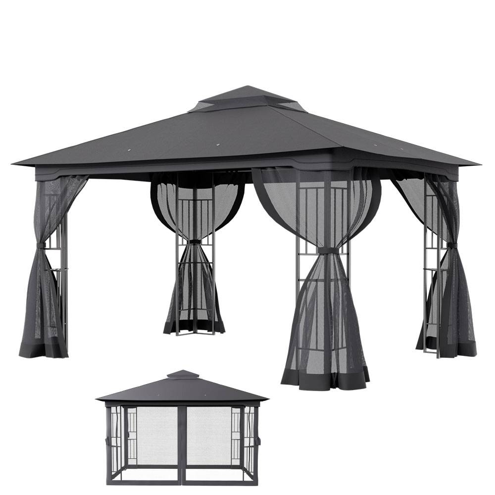 395cm X 295cm Outdoor Garden Gazebo With Ventilated Roof And Mesh Curtains,steel Frame Patio Shelter & Pa-coated Polyester Canopy For Backyard And Parties
