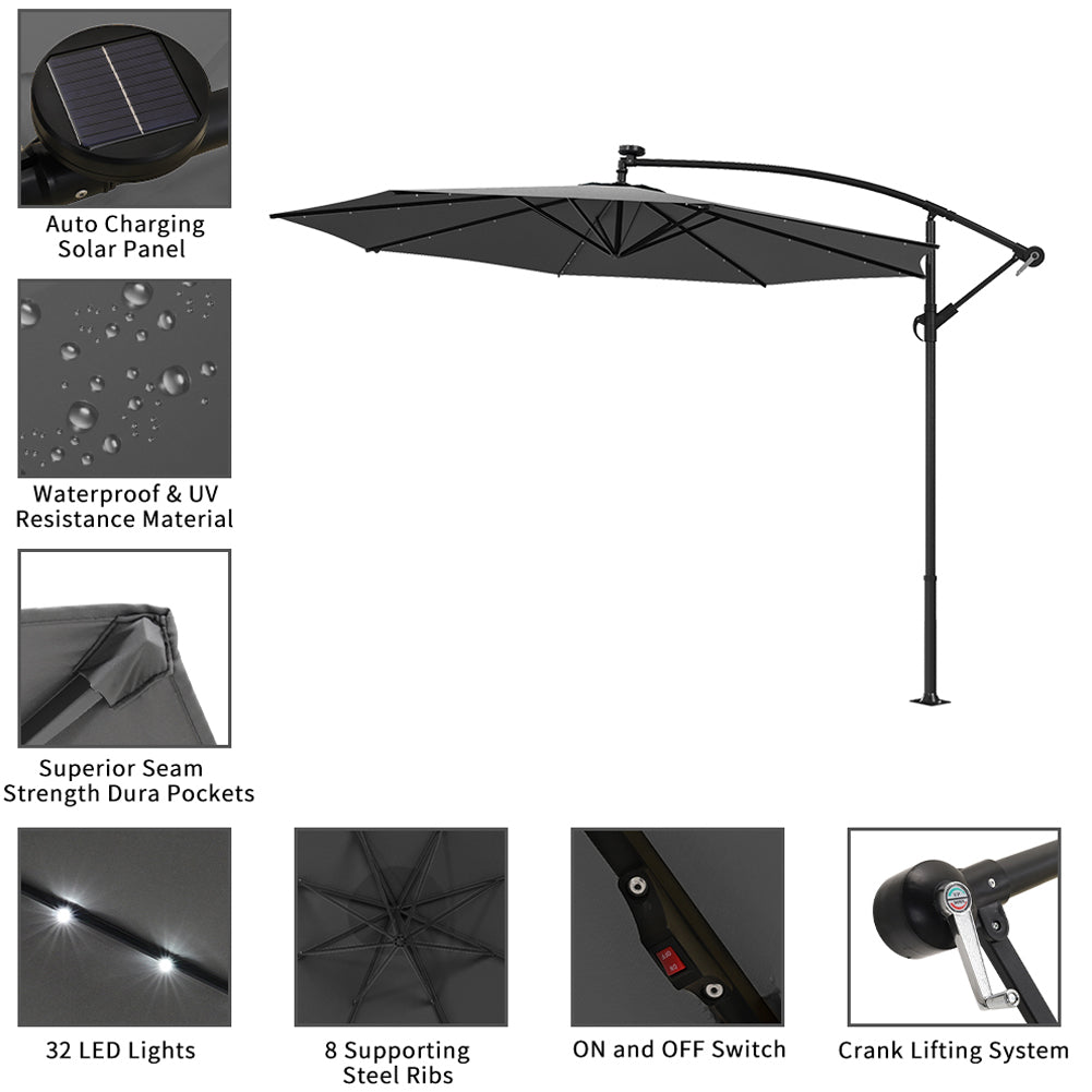 3 M Banana Patio Umbrella Cantilever Garden Parasol With Solar-powered 32 Led Lights, Crank For Opening Closing Without Base | One Size | Dark Gray