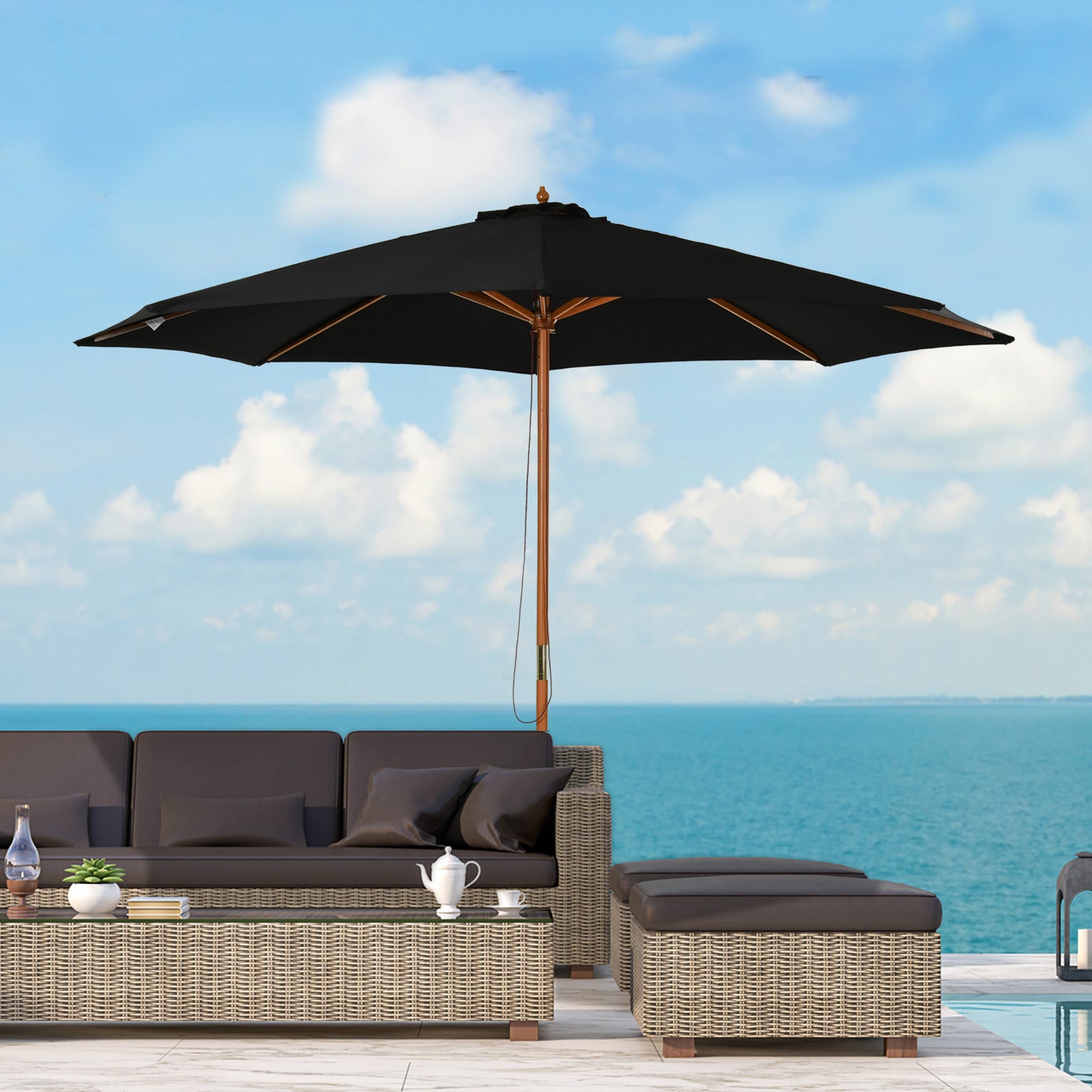 3m Wooden Bamboo Parasol Outdoor Umbrella Canopy | Black