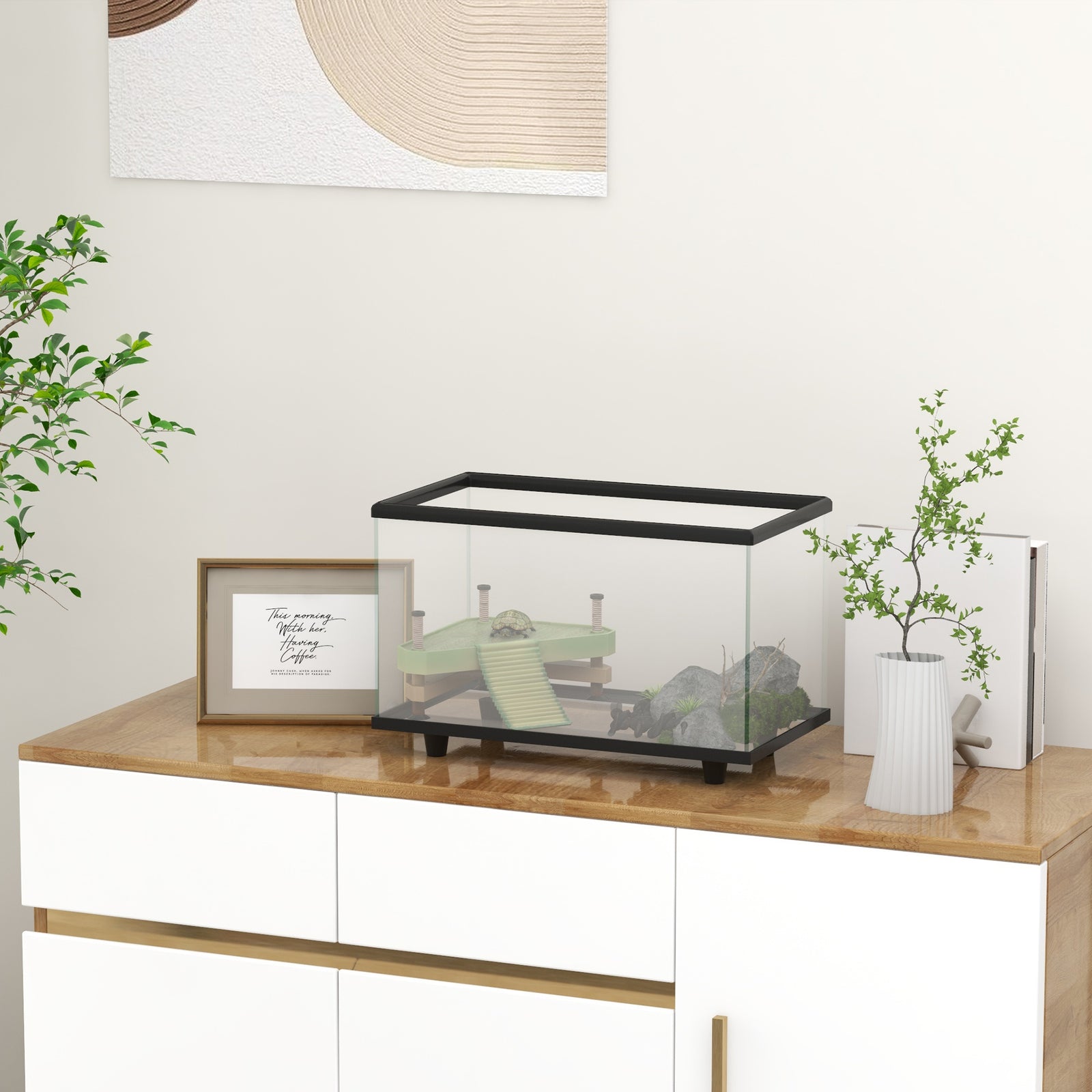 Turtle Tank 28l/50l Glass Turtle Aquarium W/ Easy Drainage, 45 X 25 X 29cm | Black