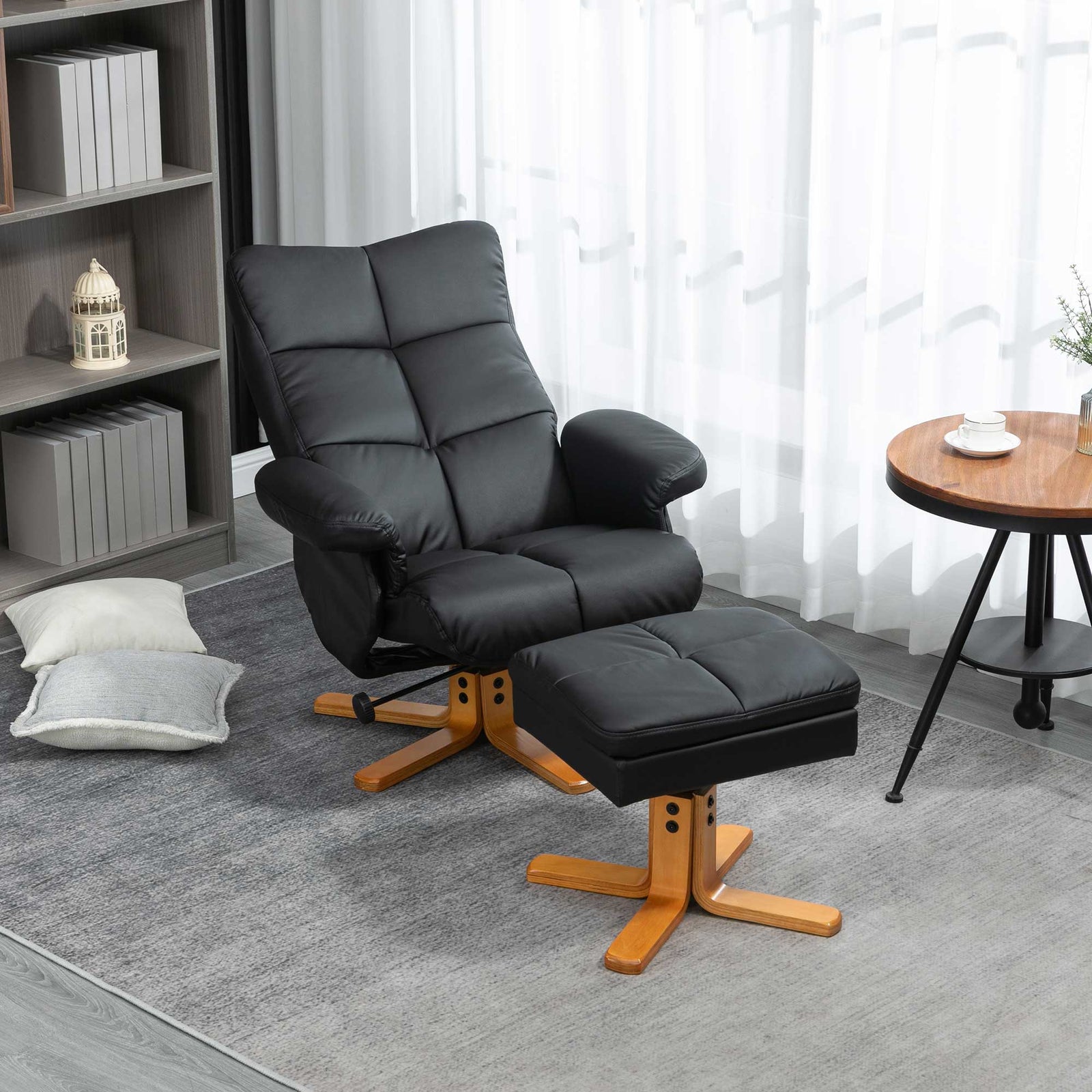 Recliner Chair And Footstool Pu Leather Wooden Base | One Size | Black