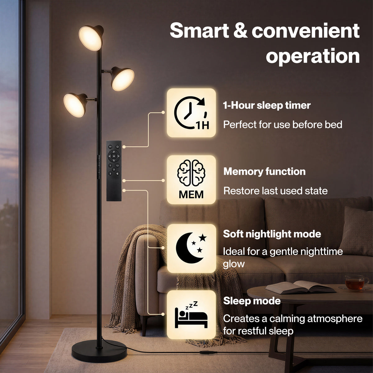 Emitto Floor Lamp, 3-light Dimmable Standing Lamp, Remote Touch, Black