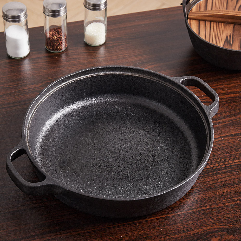 28cm/30cm/35cm Dia Black Round Pre Seasoned Cast Iron Frying Pan Kitchen Skillet With Double Handles | Large | Black