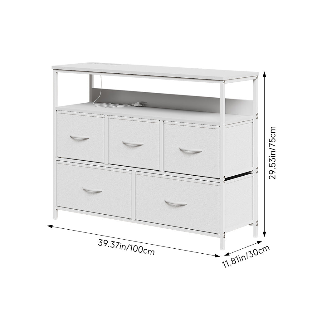5-drawer Metal Frame Chest Of Drawers Storage Cabinet With Power Strip | White