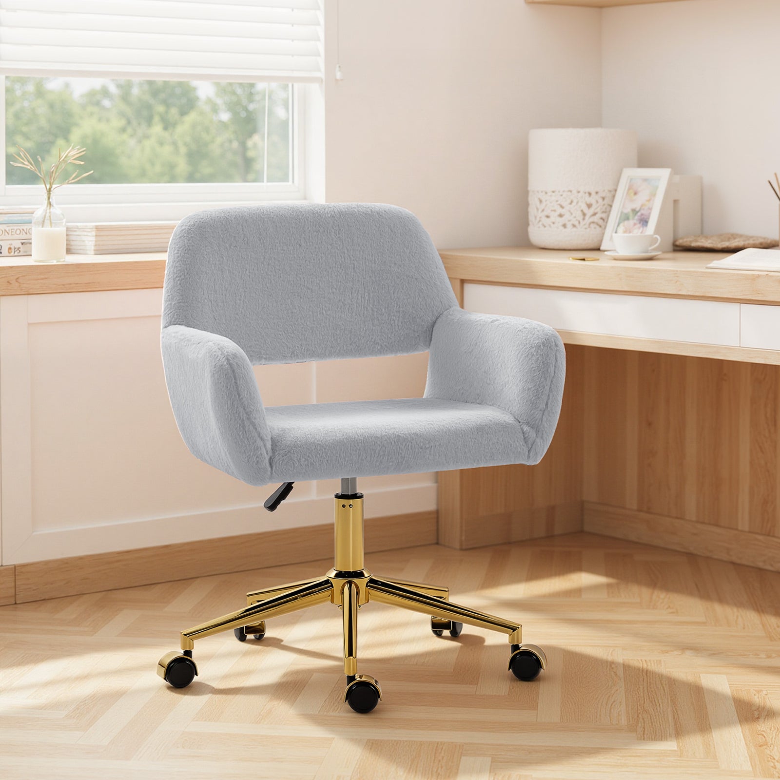 Swivel Office Chair, Vanity Desk Chair With Adjustable Height, Wheels | Grey