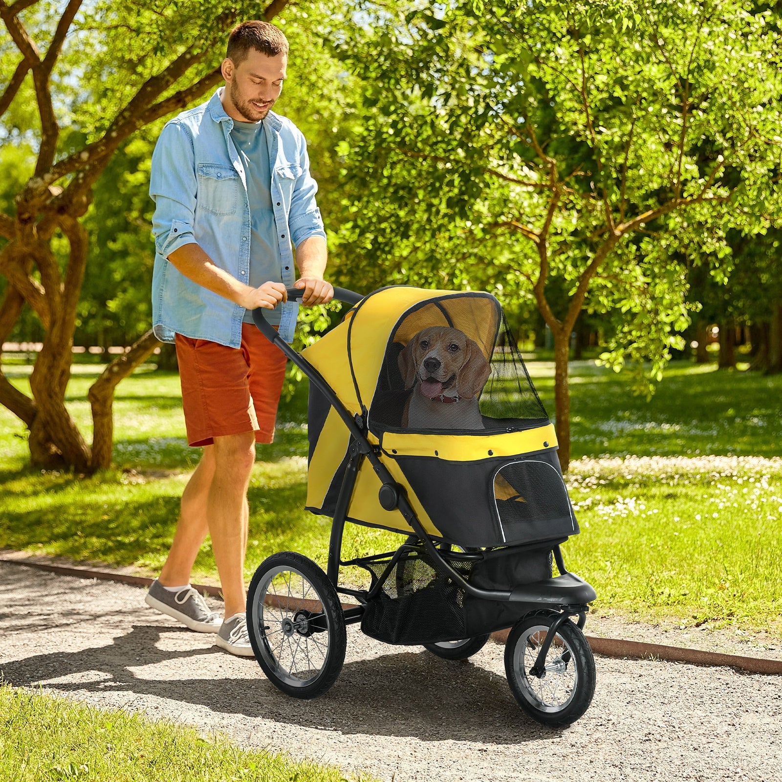 3 Wheel Pet Stroller, For Medium Small Dogs, Foldable Cat Pram | Yellow