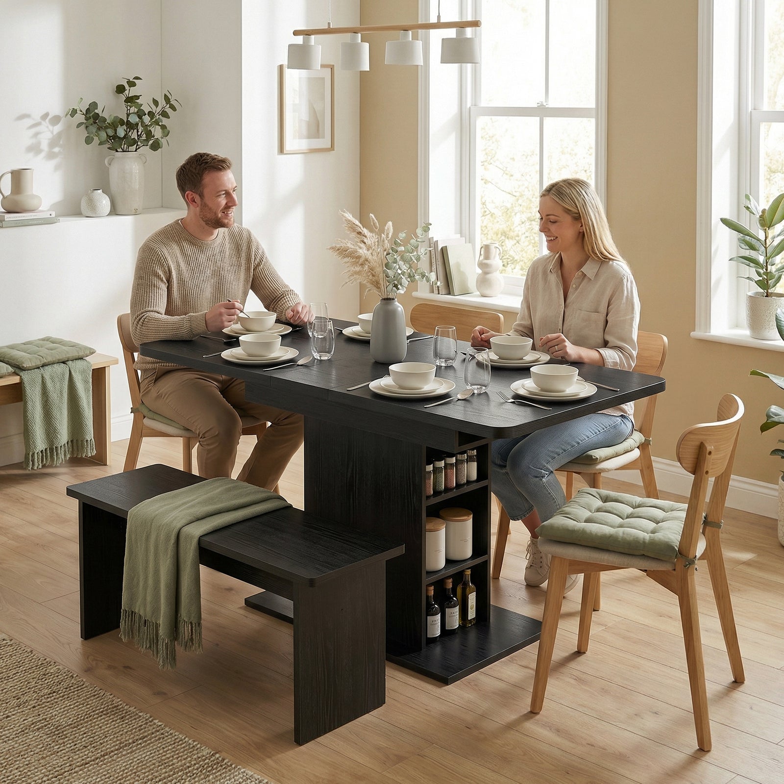 Extendable Dining Table For 4-6, Kitchen Table With Shelves | Black