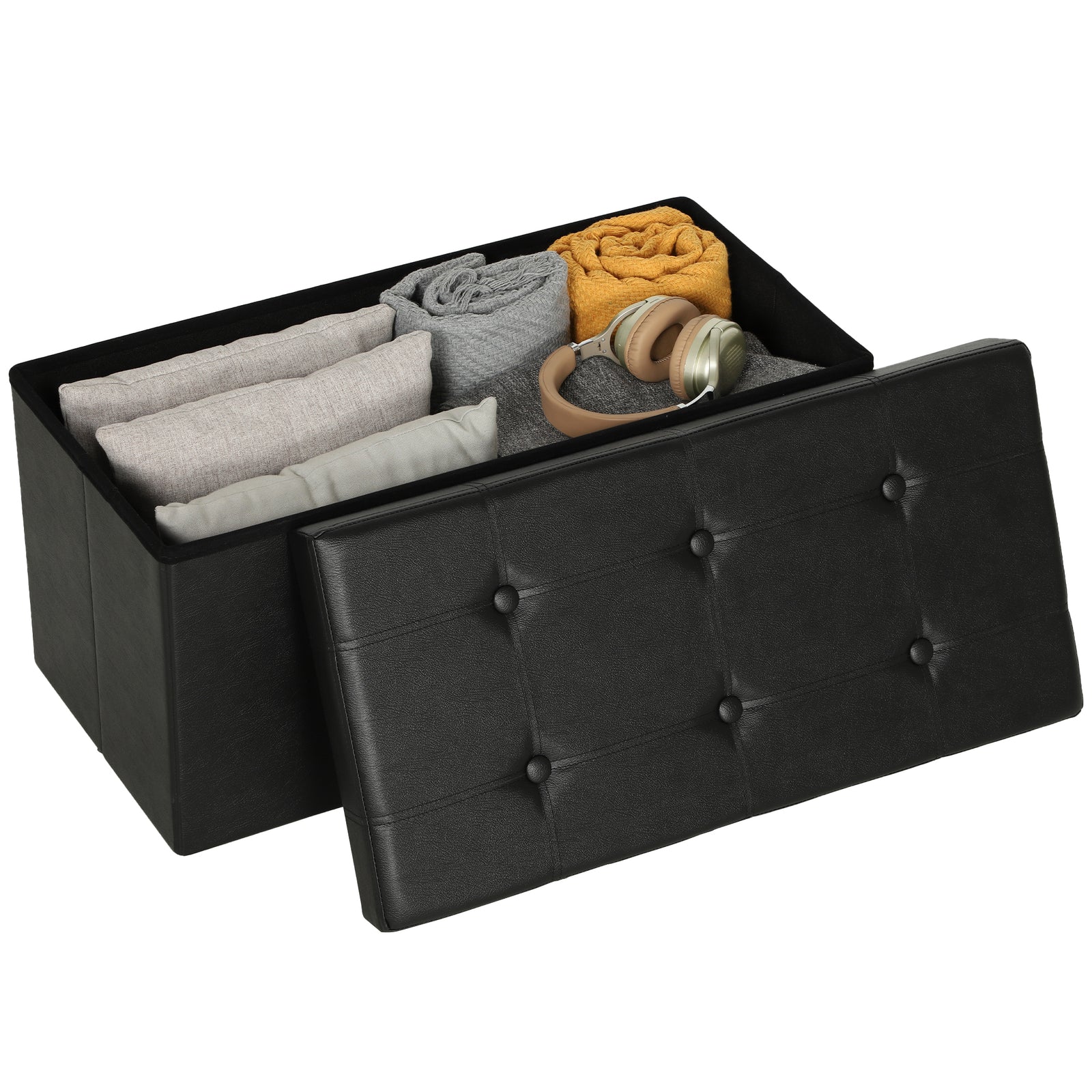 Storage Ottoman Bench, 89l Pu Leather Folding Foot Rest | Black