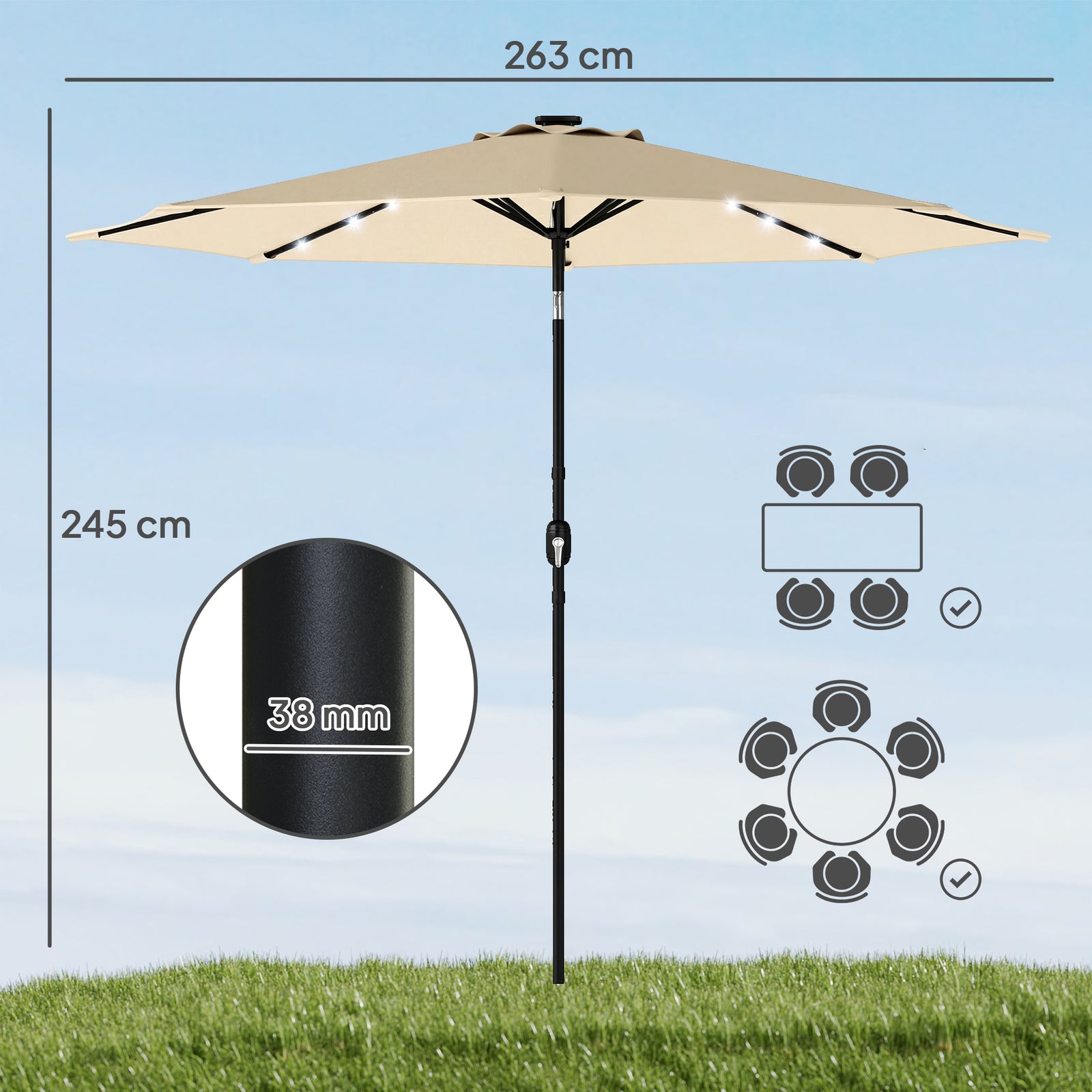 2.6 M Garden Parasol Umbrella With Light, Outdoor Patio Umbrella | Beige