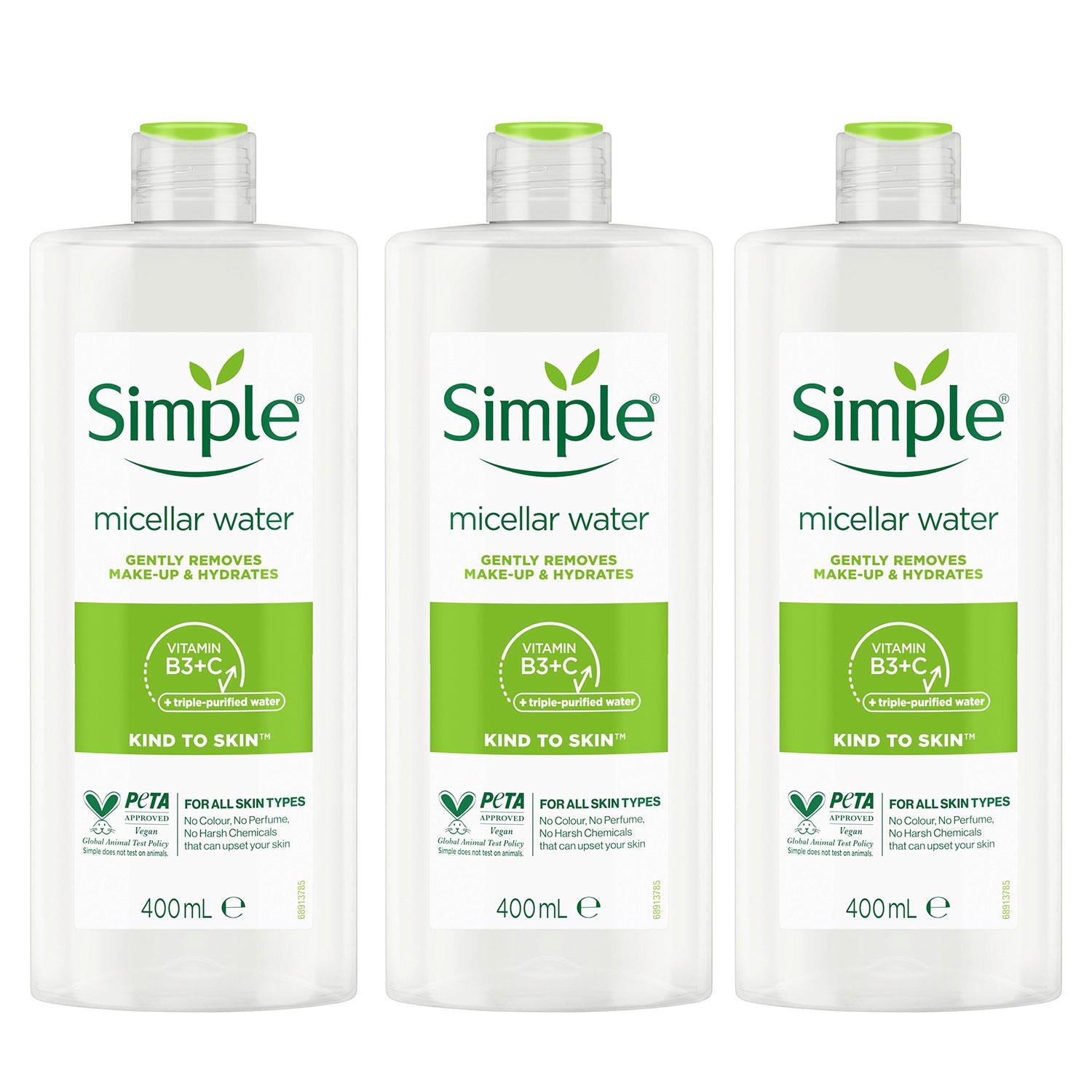 Kind To Skin Make-up Remover Micellar Cleansing Water, 3 Pack, 400ml | Set-of-3 | White