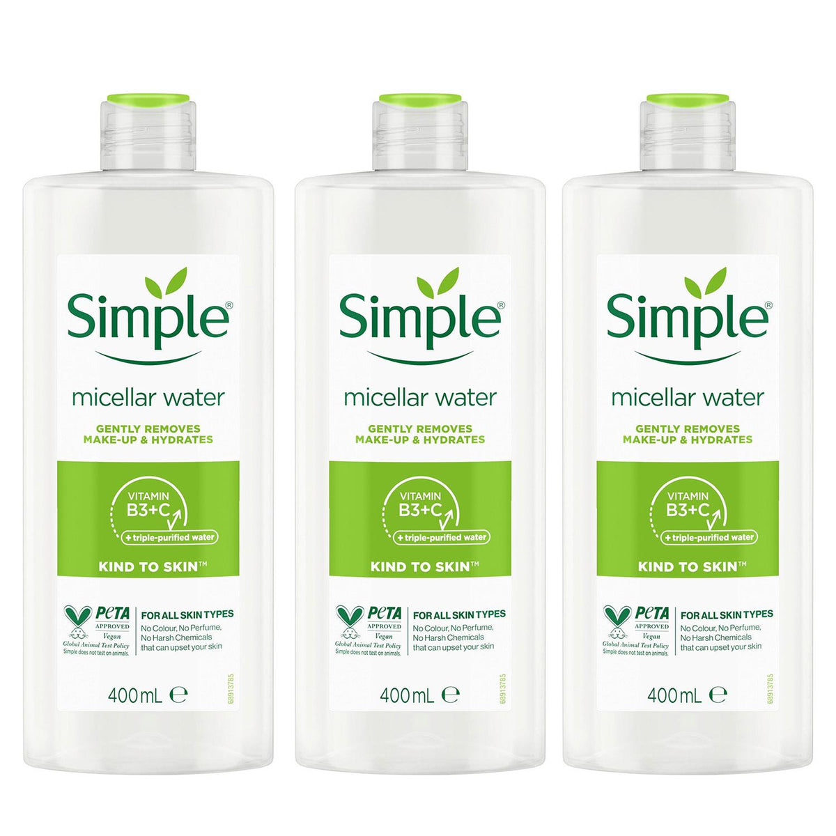 Kind To Skin Make-up Remover Micellar Cleansing Water, 3 Pack, 400ml | Set of 3 | White