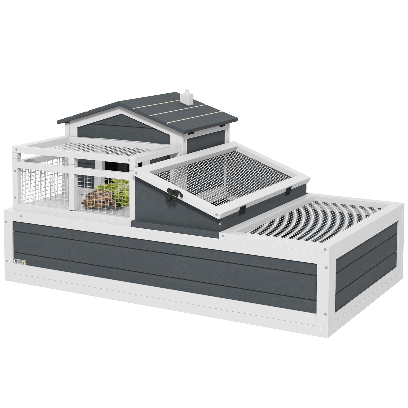 Pawhut Wooden Tortoise House Indoor Outdoor W/ Balcony, Tray, Openable Roof