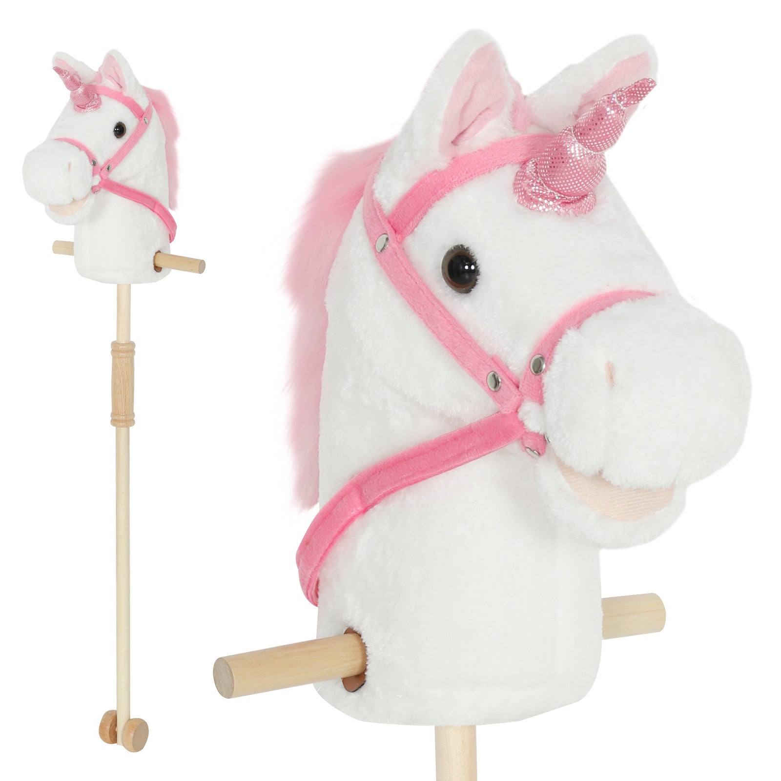 Stick Horse With Wood Wheels, Pony Neighing And Galloping Sounds | White