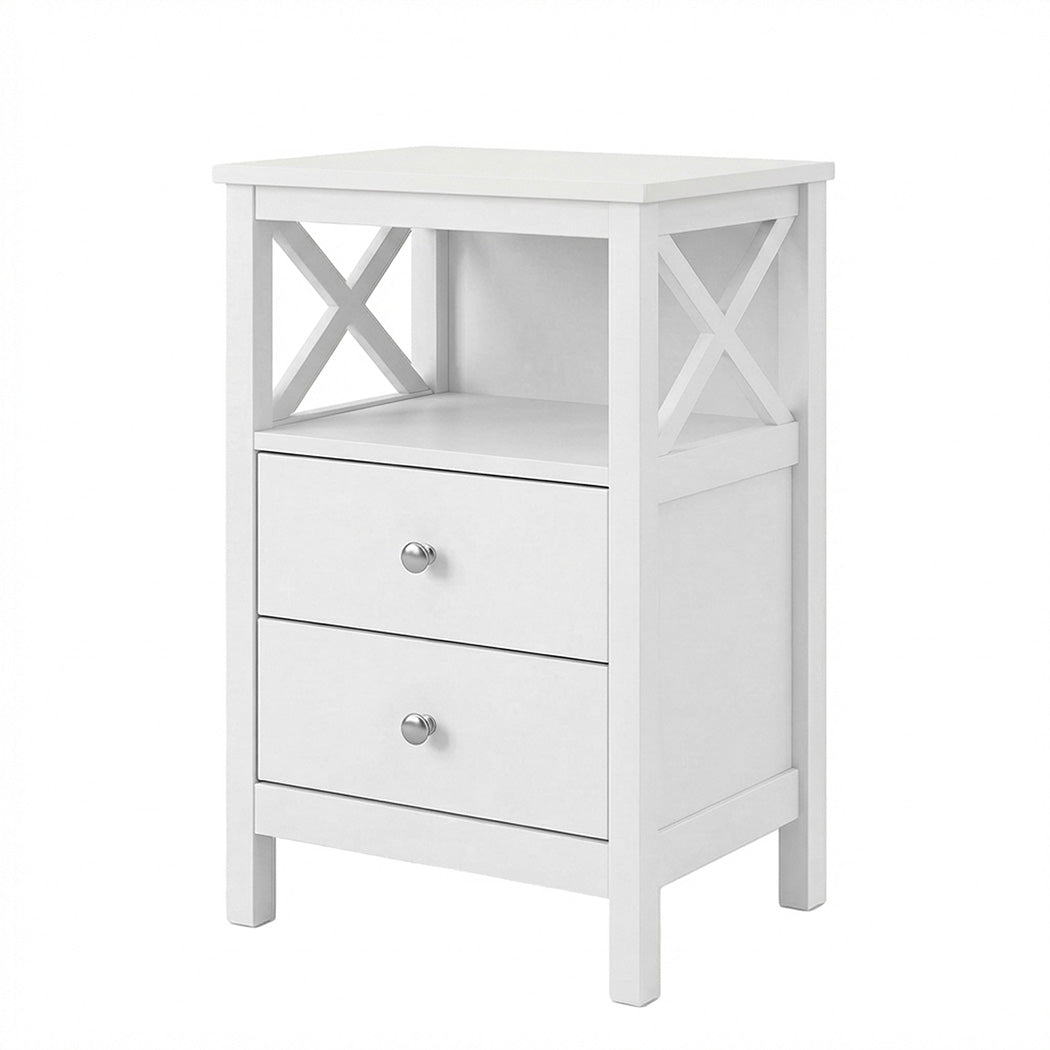 Bedside Table Wood Nightstand Cabinet 2 Storage Drawers Open Shelf | White