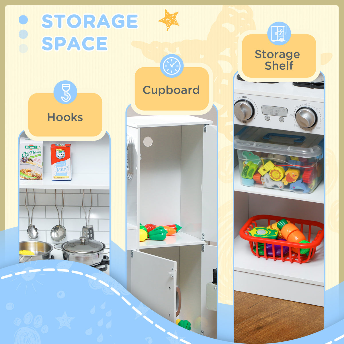 AIYAPLAY Play Kitchen, Pretend Toy Kitchen With Toy Phone, Chalkboard, White