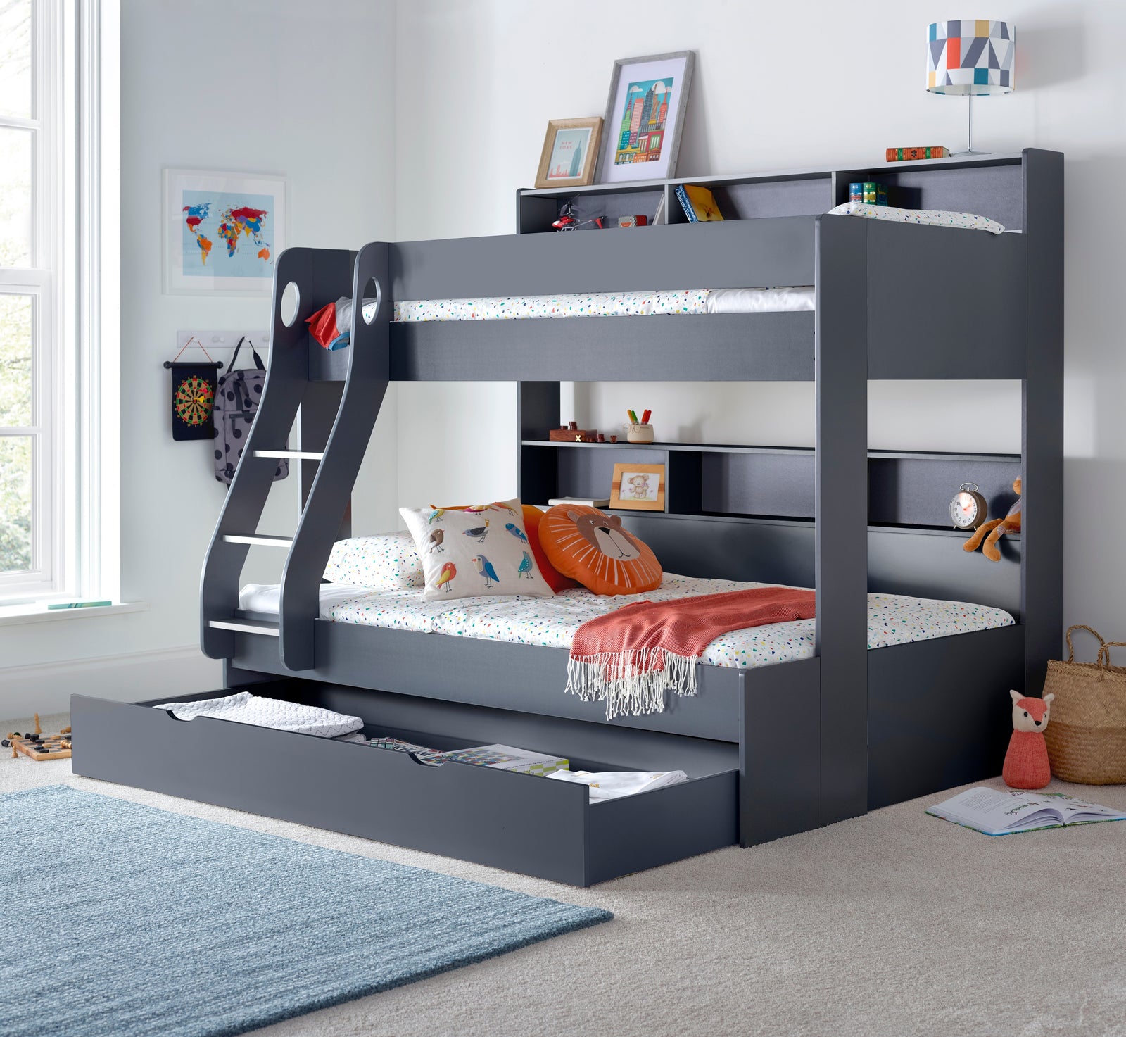 Oliver Triple Sleeper Storage Bunk Bed With Drawer With Memory Foam Mattresses | Small Double | Grey