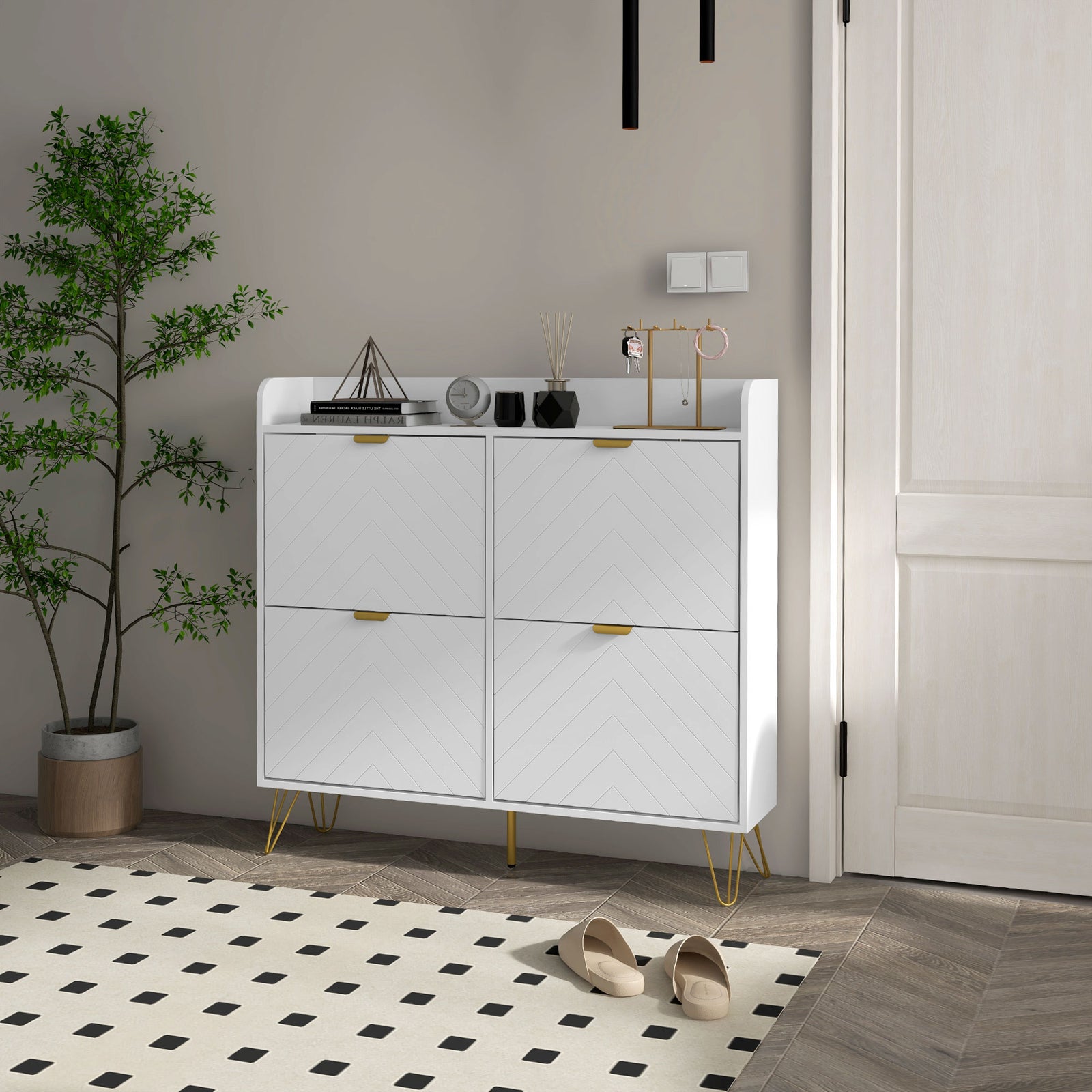 Narrow Shoe Storage Cabinet With 4 Flip Drawers For 16 Pairs