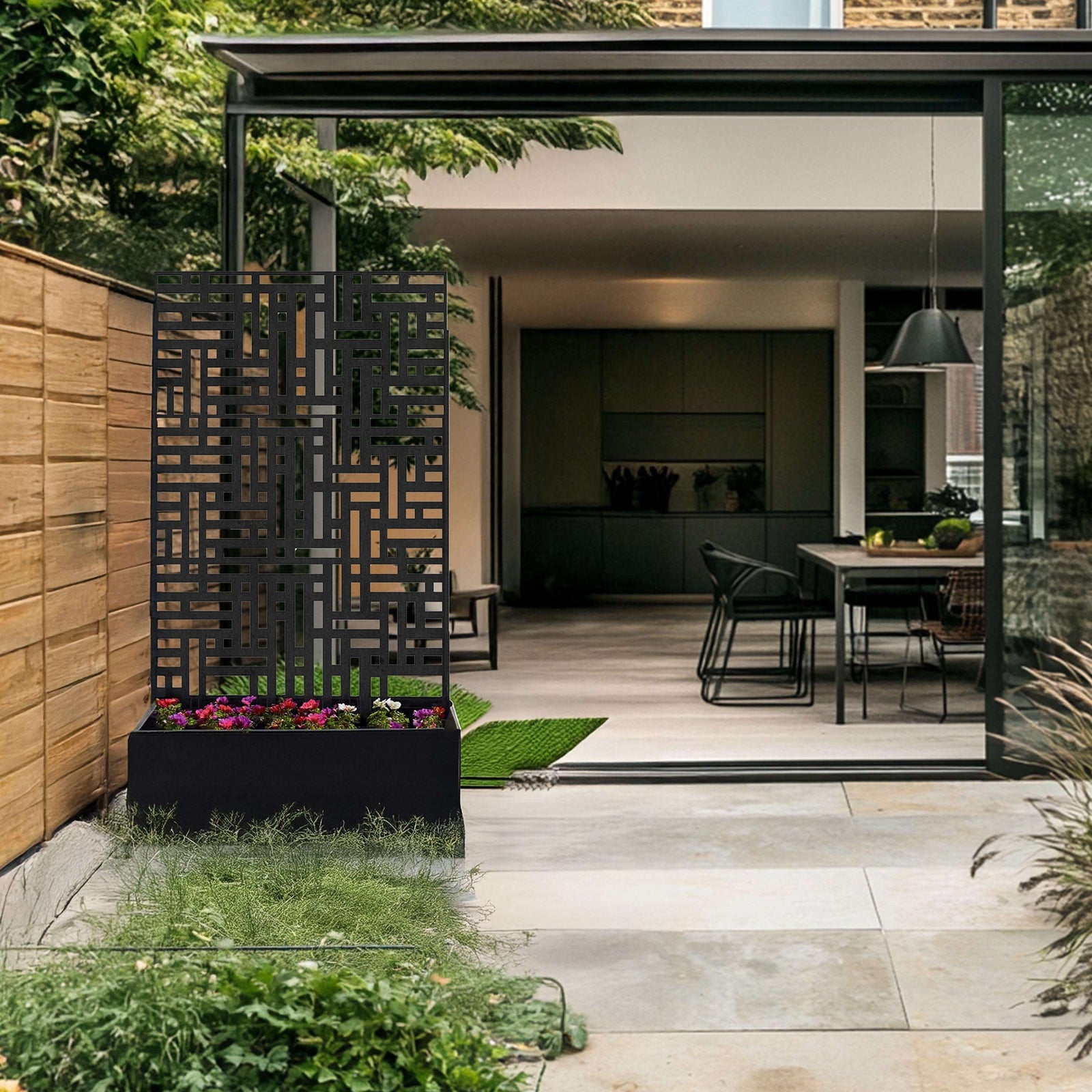 Metal Black Outdoor Privacy Screen With Plant Pot Geometric Garden Divider