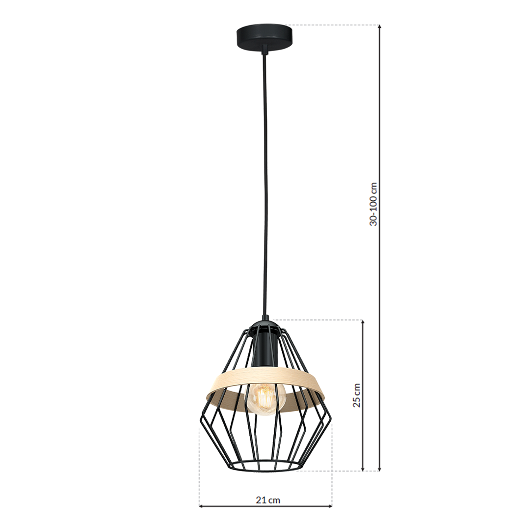 Cliff Black Pendant Lamp 1xe27 Hand Made Matt Black Cage Style Lamps With Natural Wood Detail