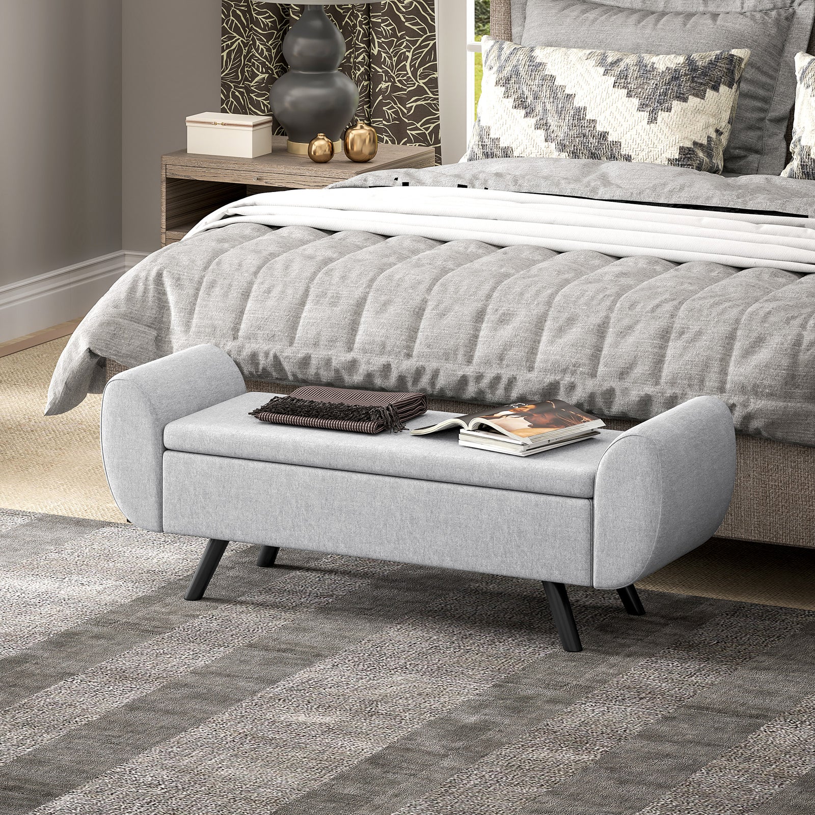 Storage Ottoman With Armrest, Upholstered Linen Storage Bench | Light Grey