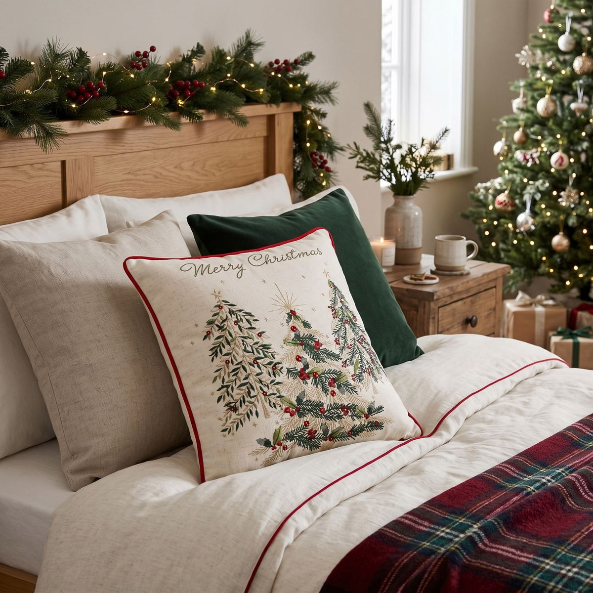 Woven Christmas Trees Cushion With Cover, 45x45cm