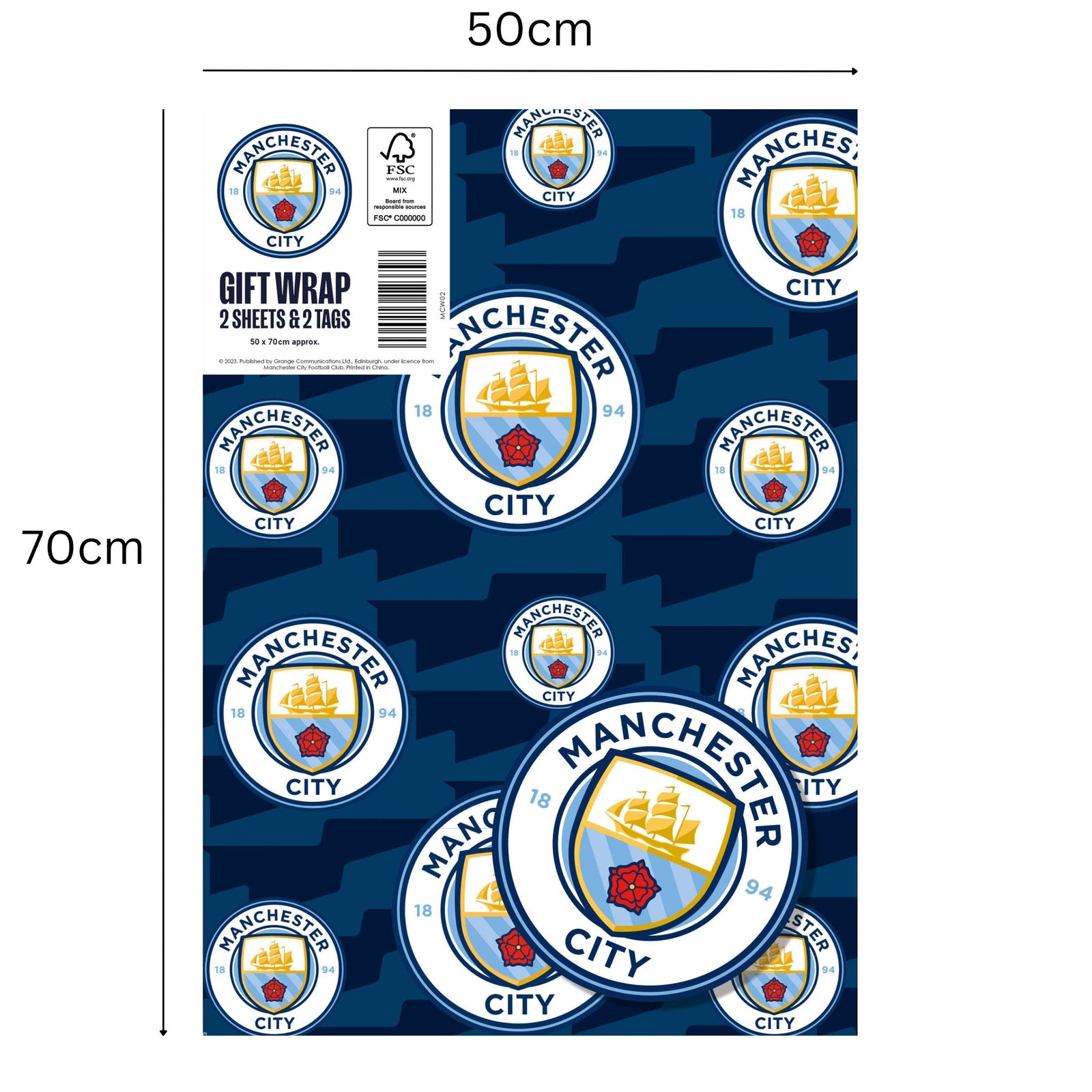 Manchester City FC Gift Wrap, 2 Sheet 2 Tag, Official Product