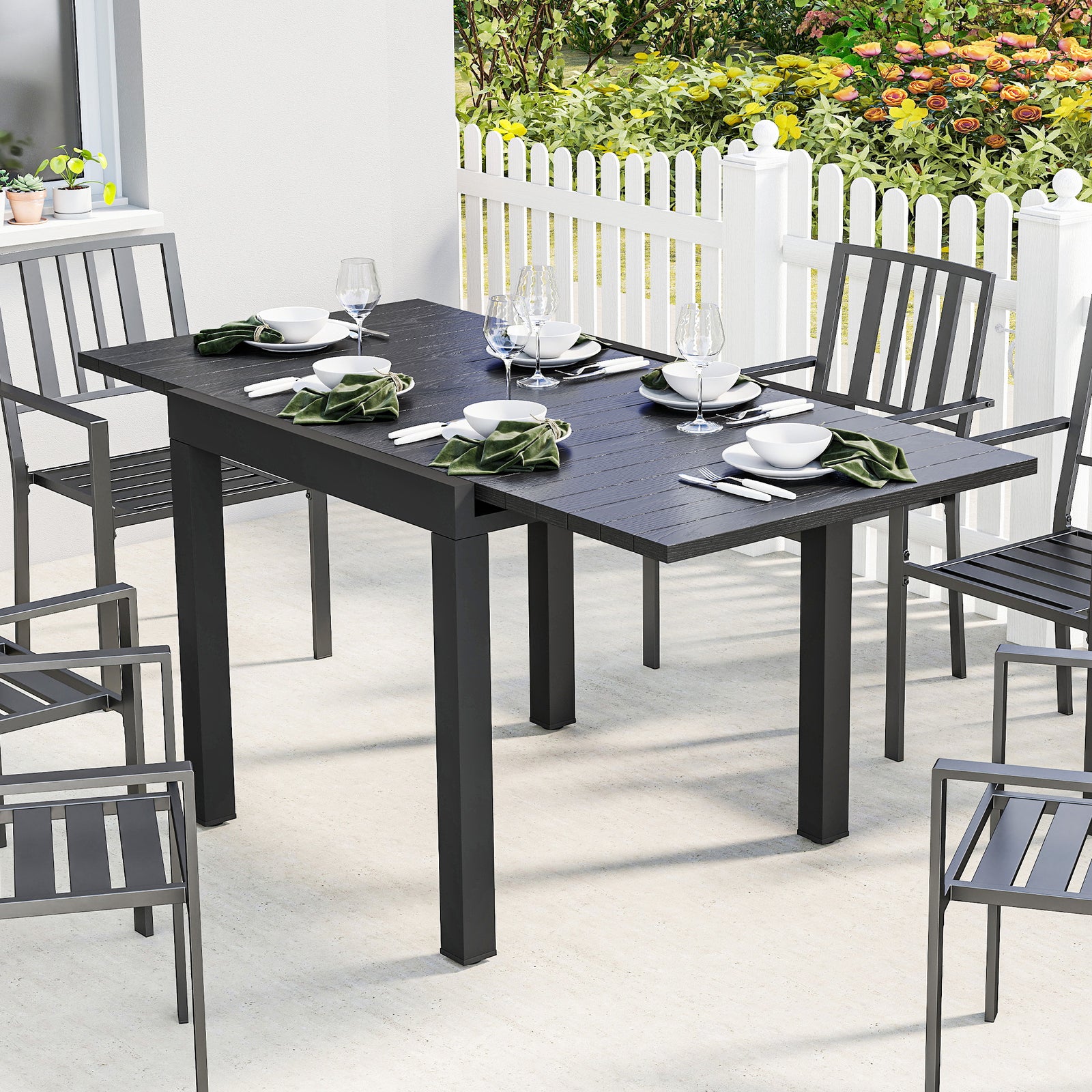 Outsunny Aluminium Extending Garden Table With Faux Wood Slatted Top, Black
