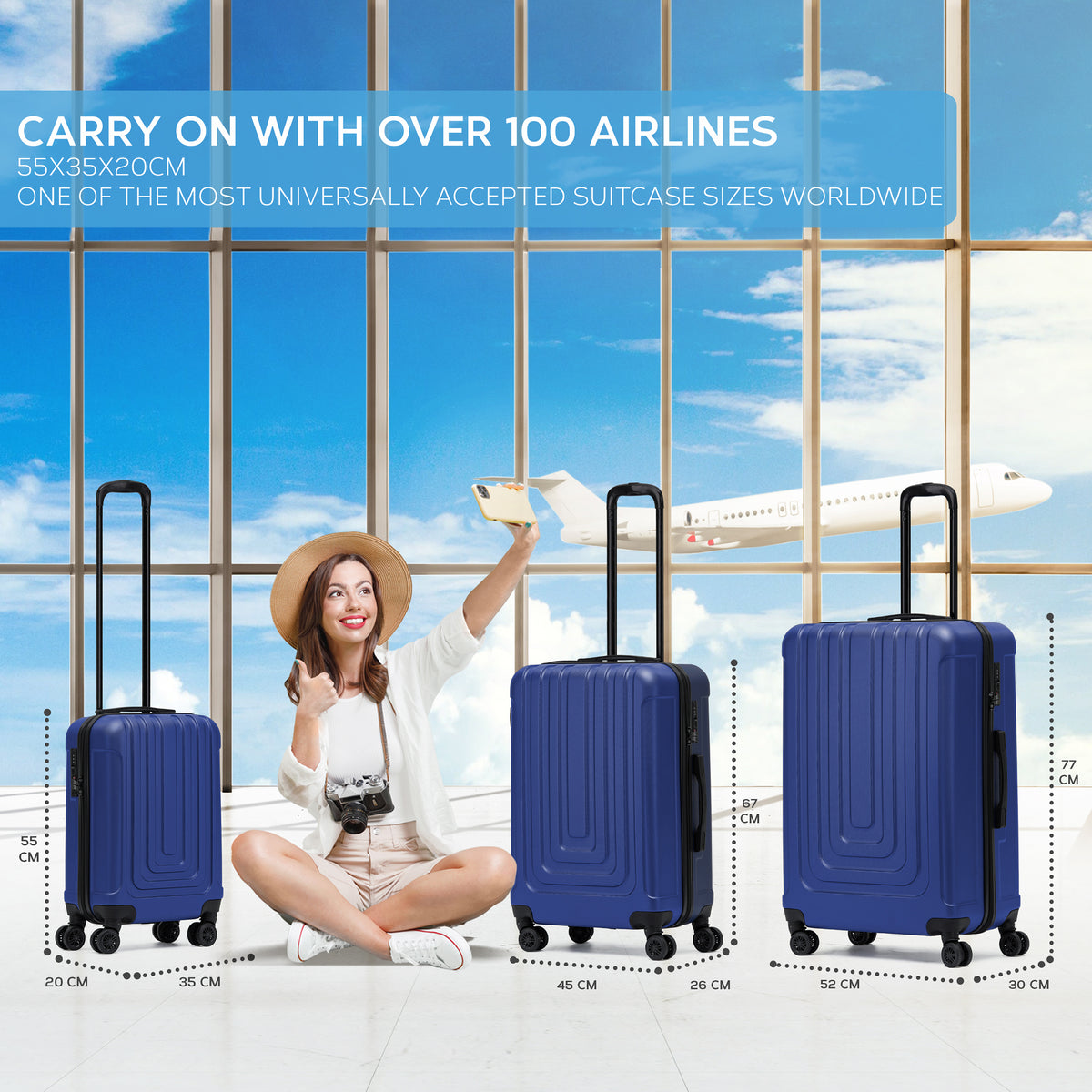 Set Of 3 Hard Shell Suitcases Overhead Carry On Cabin Bag & Check In 20kg+ Medium And Large Bag. | Set of 3 | Navy Blue
