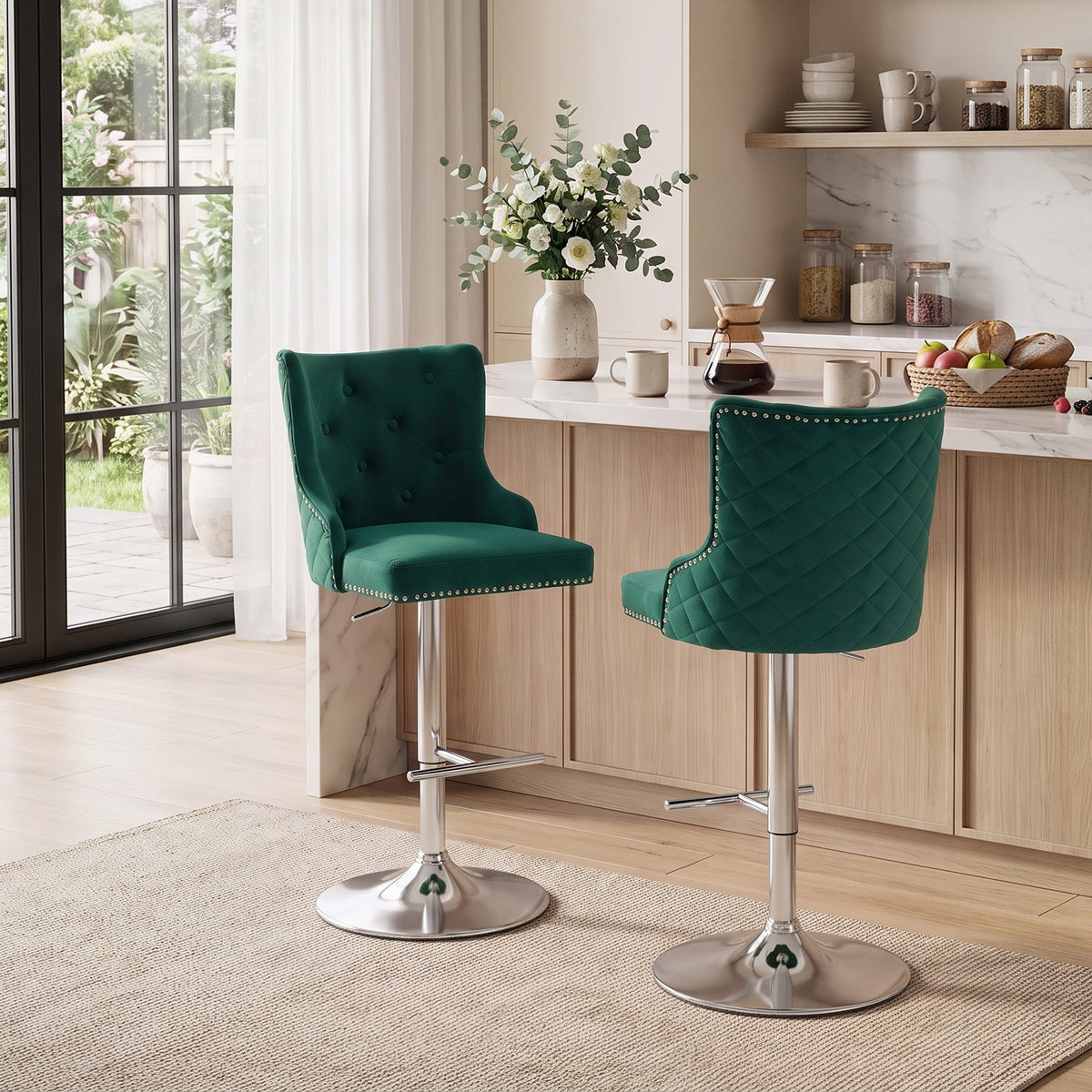 HOMCOM Bar Stools Set Of 2, Swivel Velvet Barstools With Footrest, Green