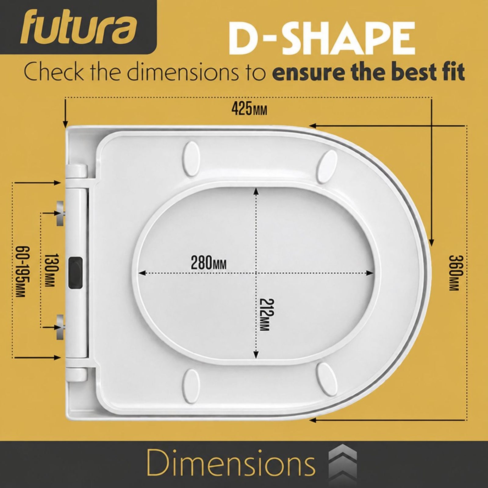 Toilet Seat Soft Close D Shape, Premium Thermoplastic, Quick Release, Top & Bottom Fixings | White