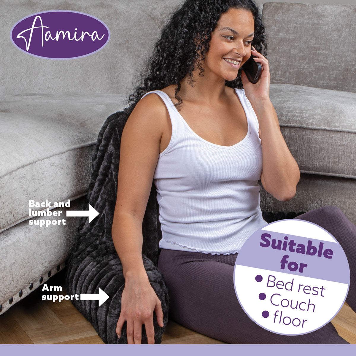 Deluxe Large Reading Pillow, Soft Ribbed Faux Fur, Shredded Memory Foam Cuddle Cuddle Cushion Backrest Arm Support | L | Black