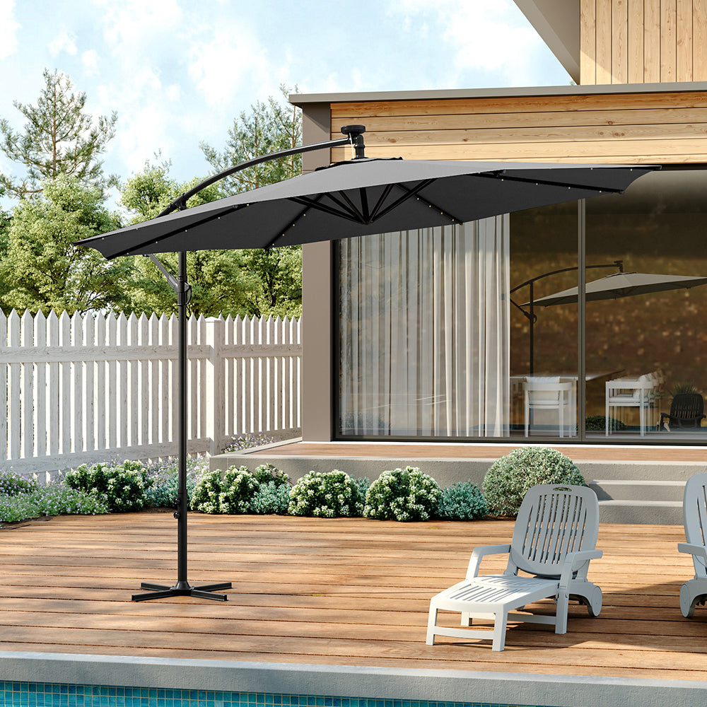 3 M Banana Patio Umbrella Cantilever Garden Parasol With Solar-powered 32 Led Lights, Crank For Opening Closing With Cross Base & Large Fillable Base | One Size | Dark Grey