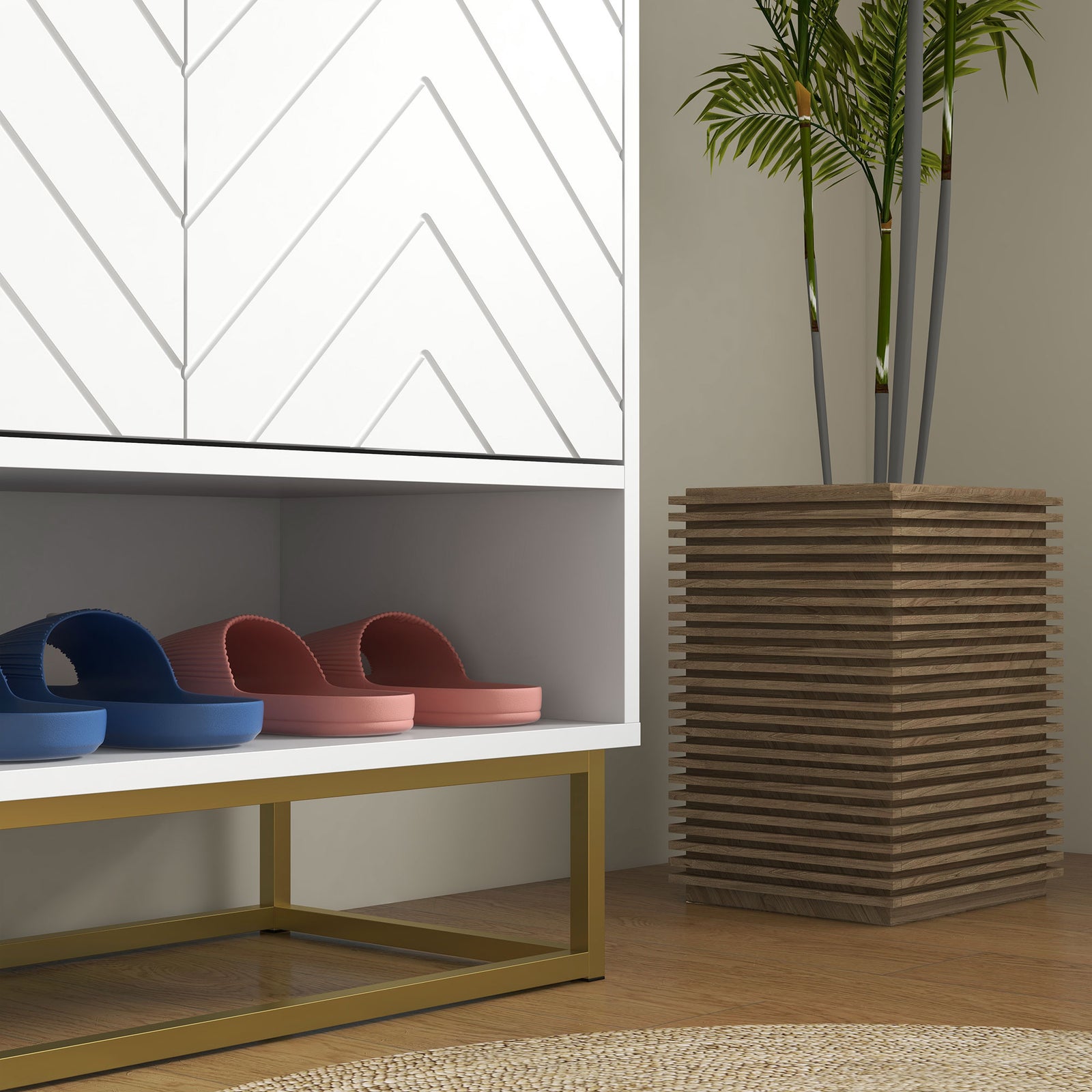 Shoe Cabinet With 2 Chevron Doors, Adjustable Shelf 12 Pairs