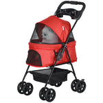 Pet Stroller Foldable Travel Carriage With Brake Basket Canopy | Red