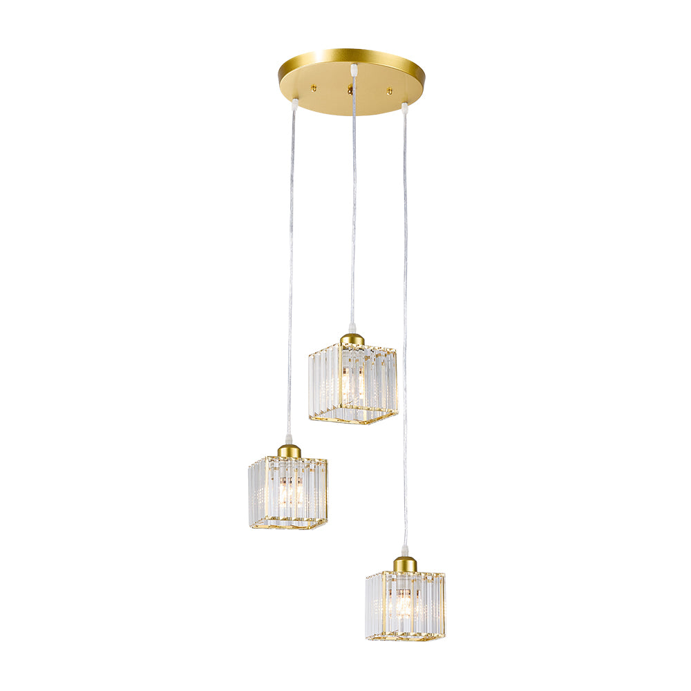 Modern 3-light Crystal Pendant Light Adjustable Linear Ceiling Fixture With Square Glass Shades | Gold