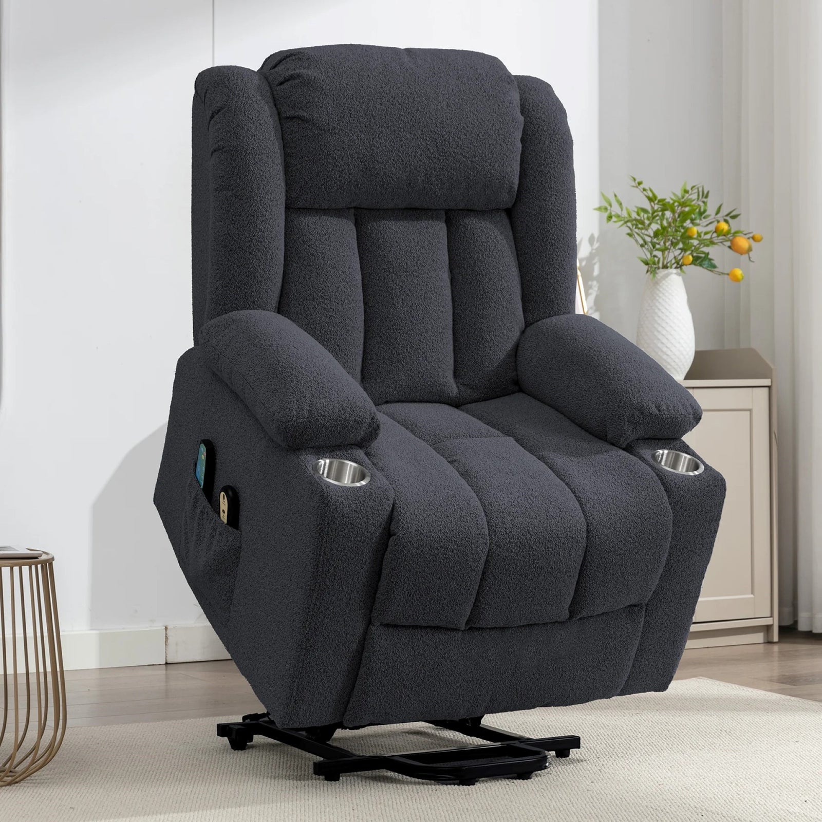 Lovell Electric Lift Assist Riser Recliner With Massage And Heat | Dark Grey