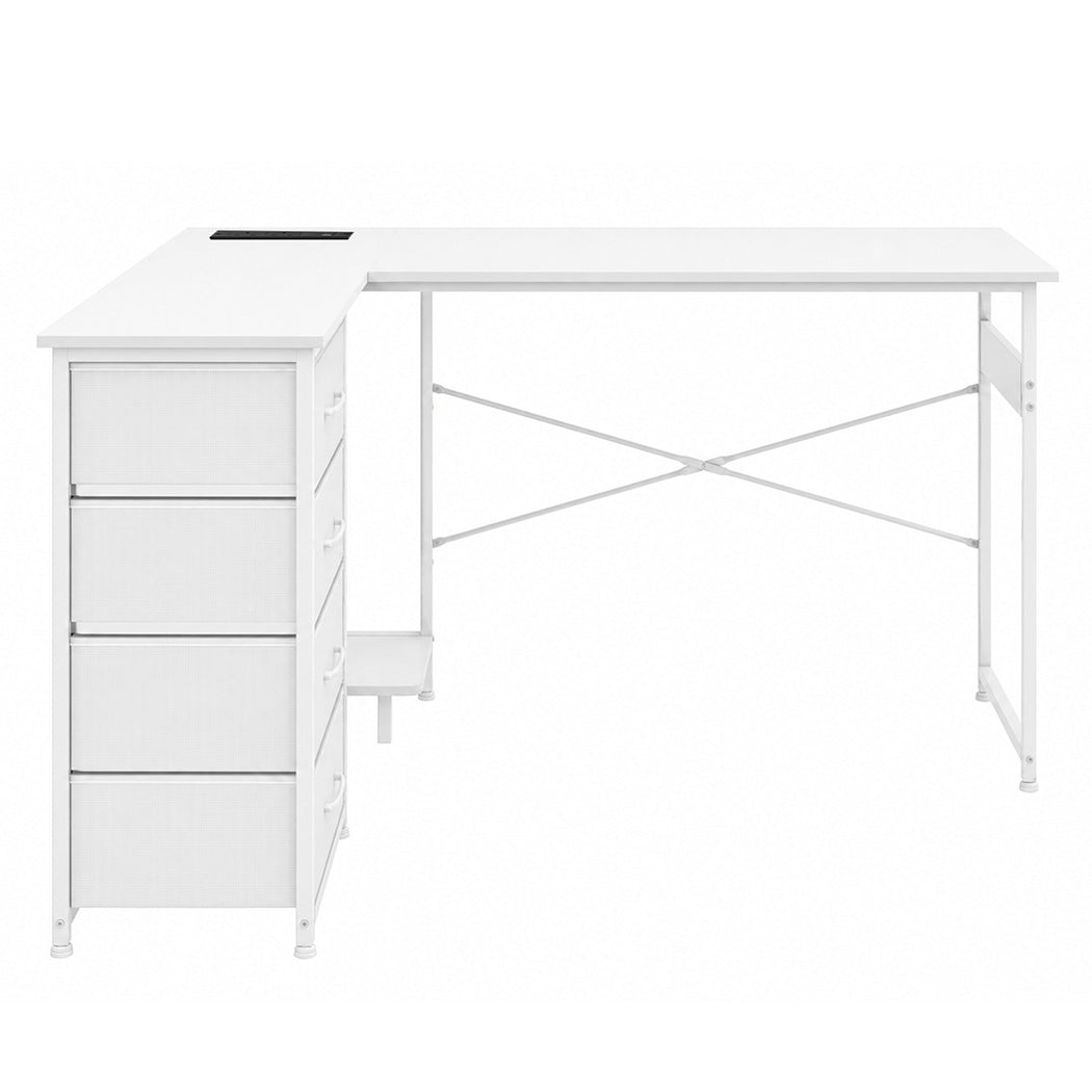 Corner Desk L Shaped With Drawers Power Outlet Office Gaming Wood White | White