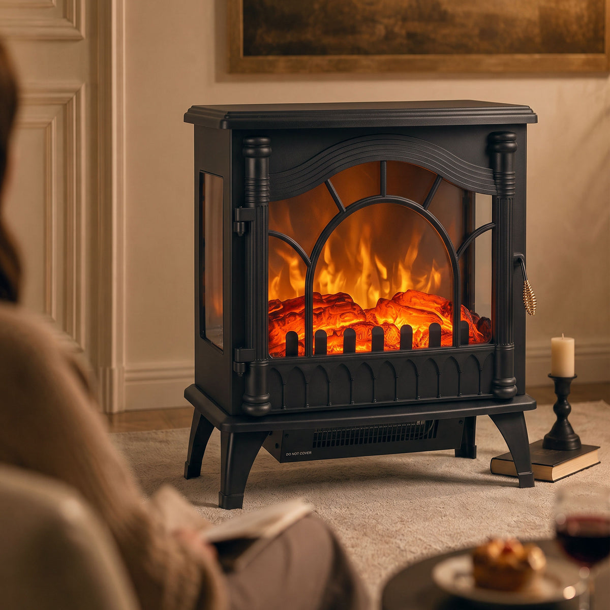 3-sided Glass Electric Fire Fan Heater With Flame Effect | Black