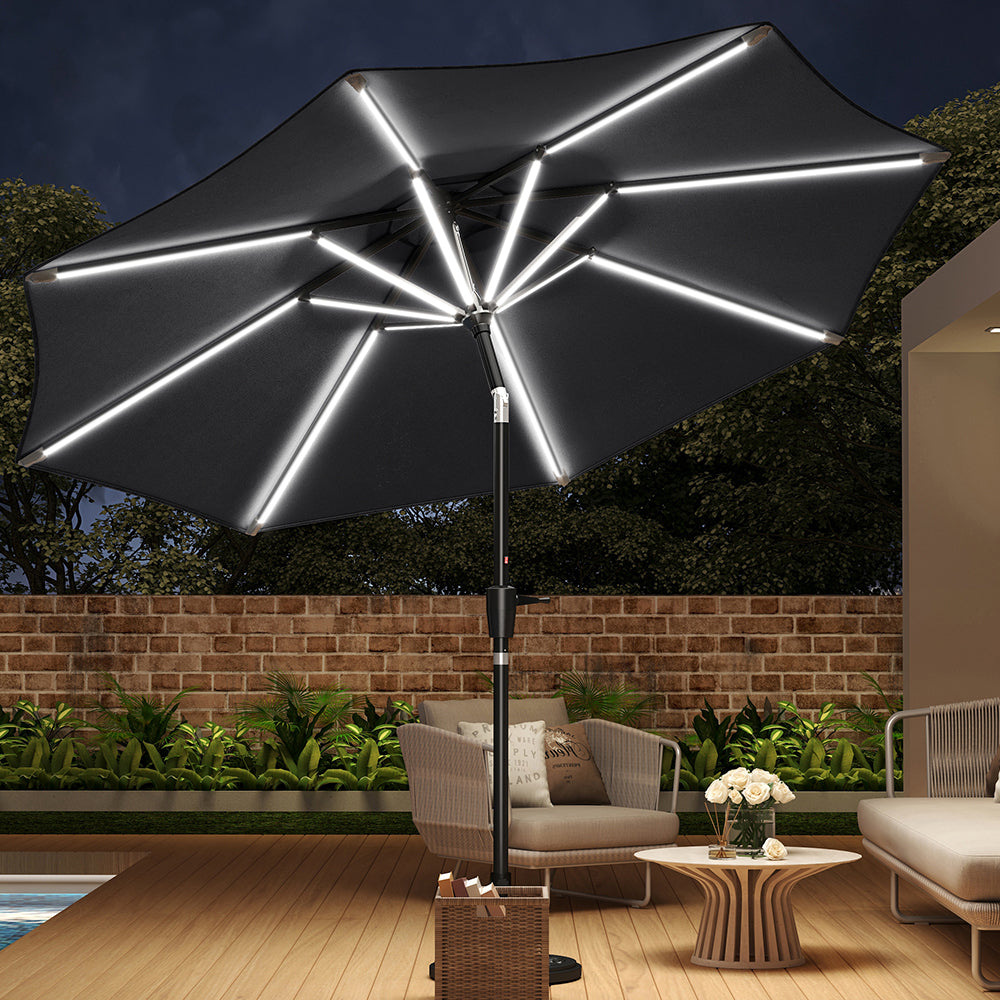 Large Solar Powered Led Patio Umbrella For Outdoor Garden Patio | One Size | Black