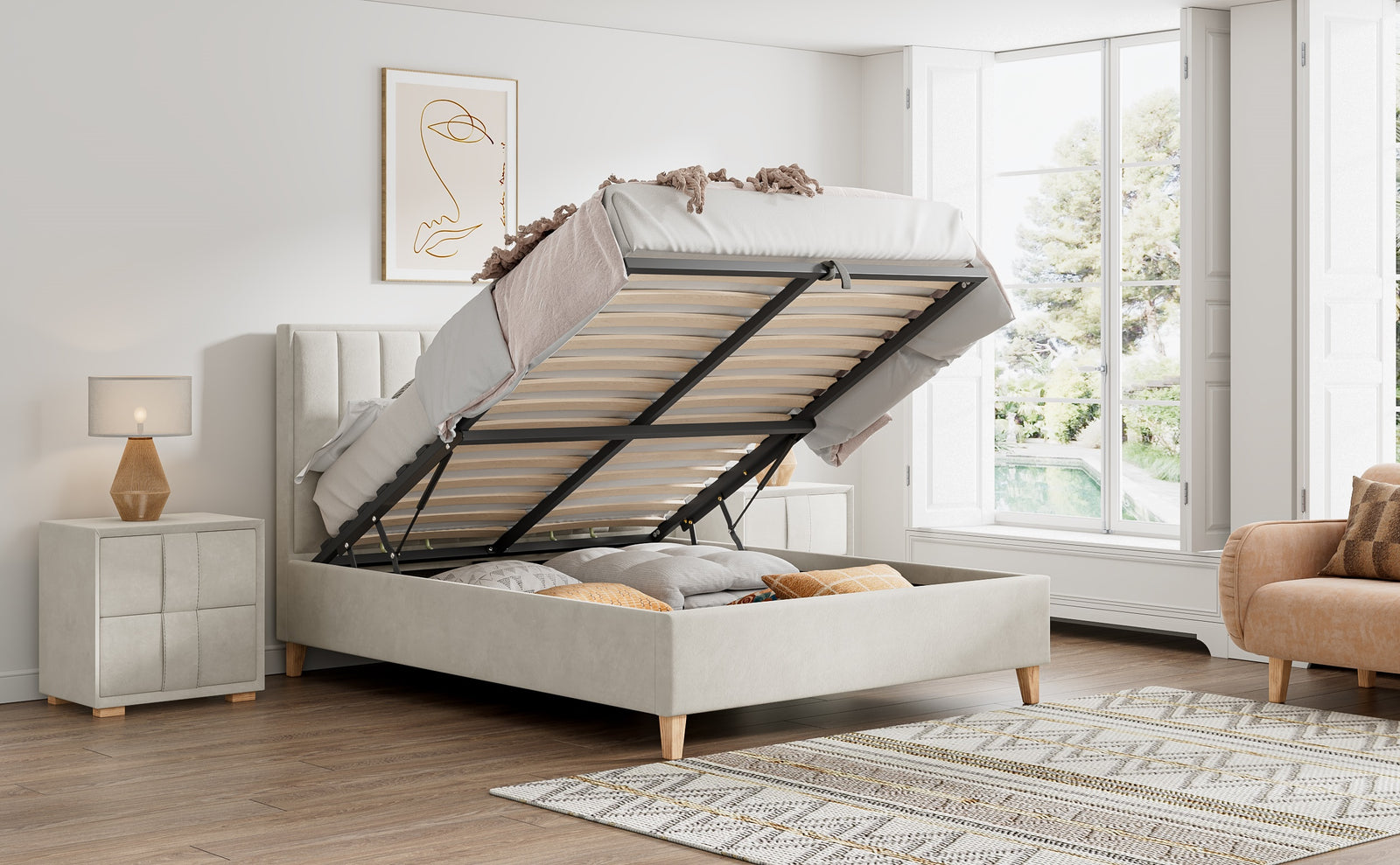 Rhodes Velvet Ottoman Bed | Small Double | Natural