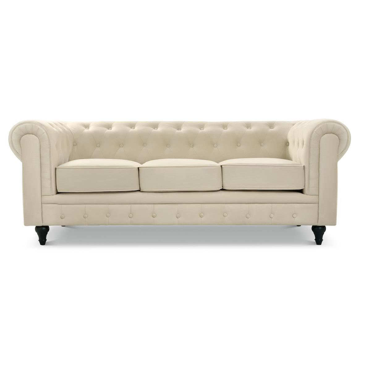 Button Tufted Velvet Living Room Sofa - 3 Seater | Cream