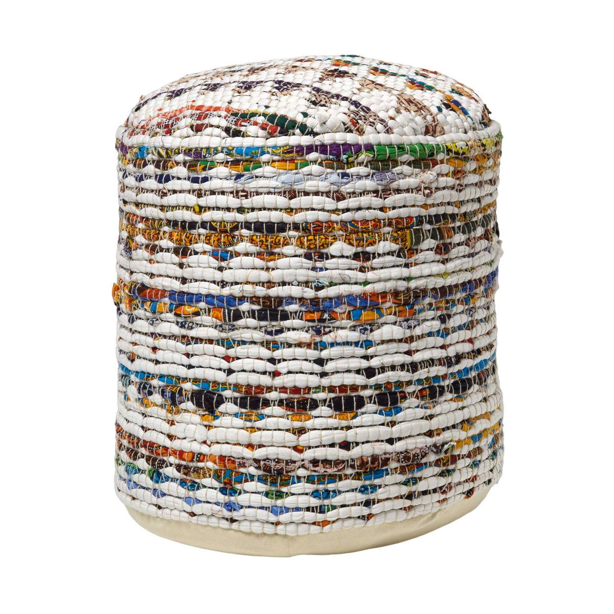 HOMESCAPES Cream Chindi Pattern Woven Bean Filled Pouffe Circular 45 X 40 Cm